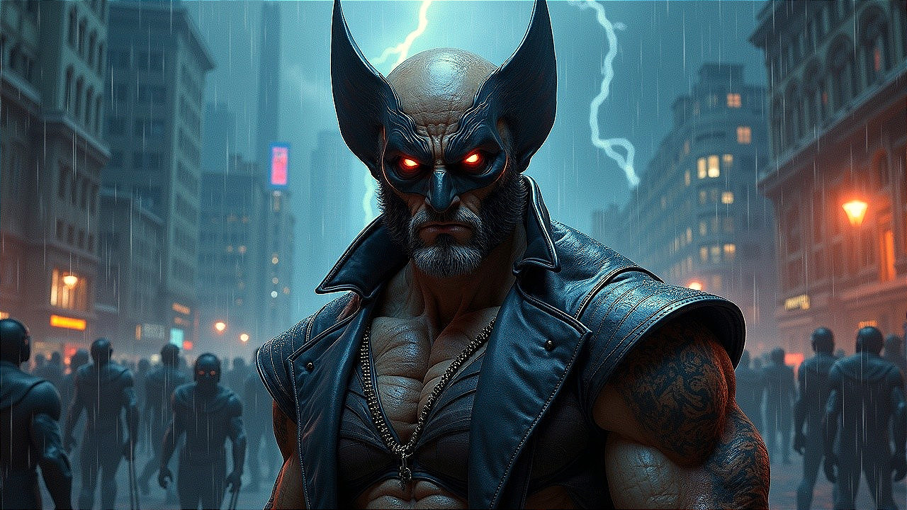 Muscular Hero in Stormy Cityscape with Lightning