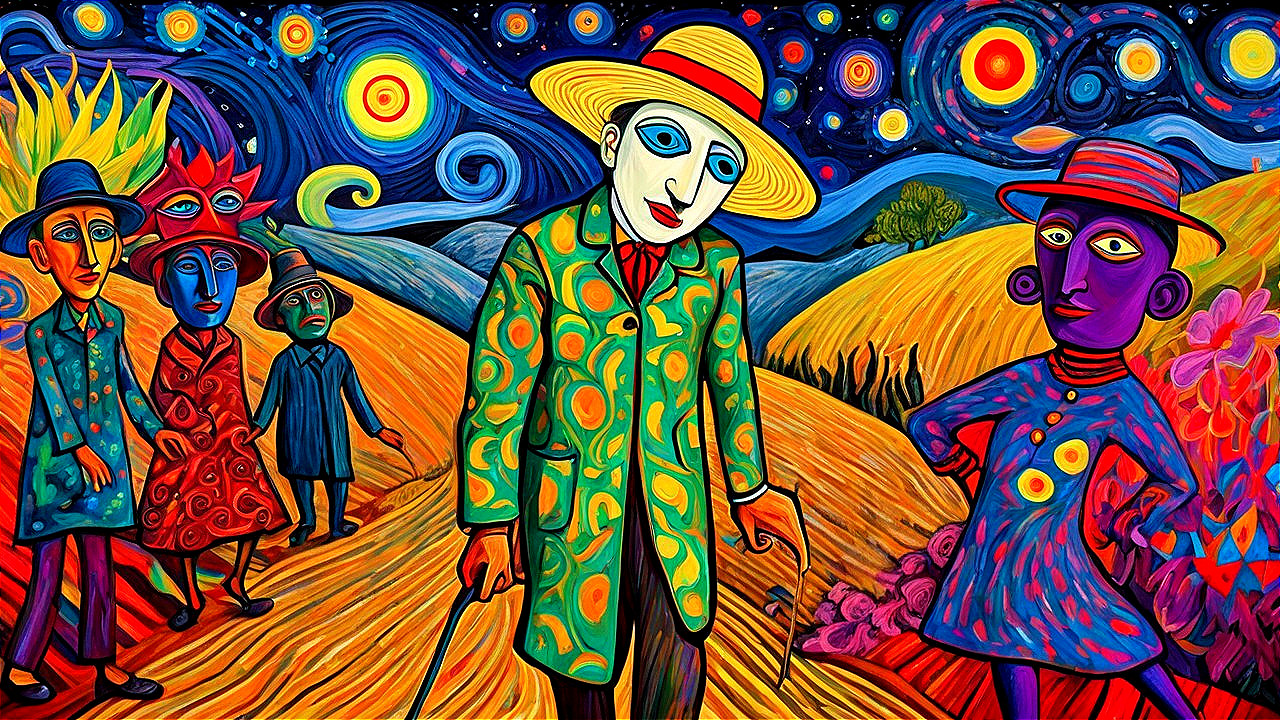 Colorful surreal landscape with abstract characters