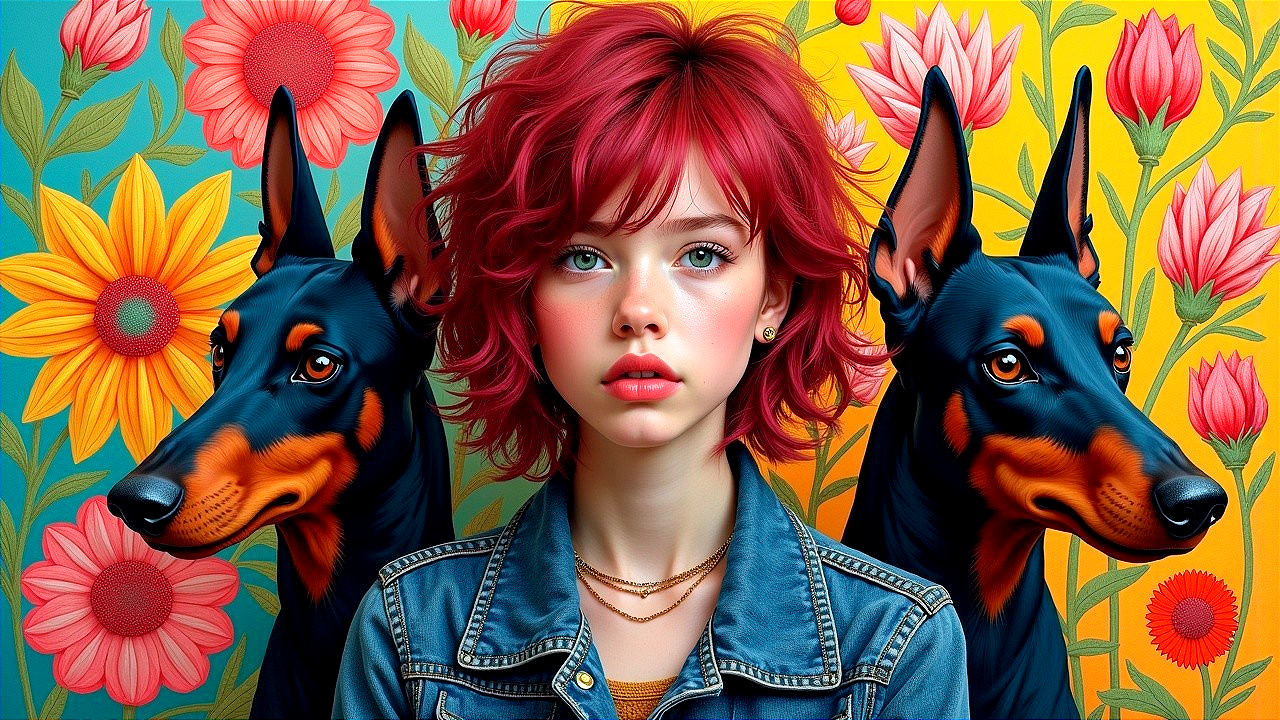 Portrait of a girl with red hair and Doberman dogs