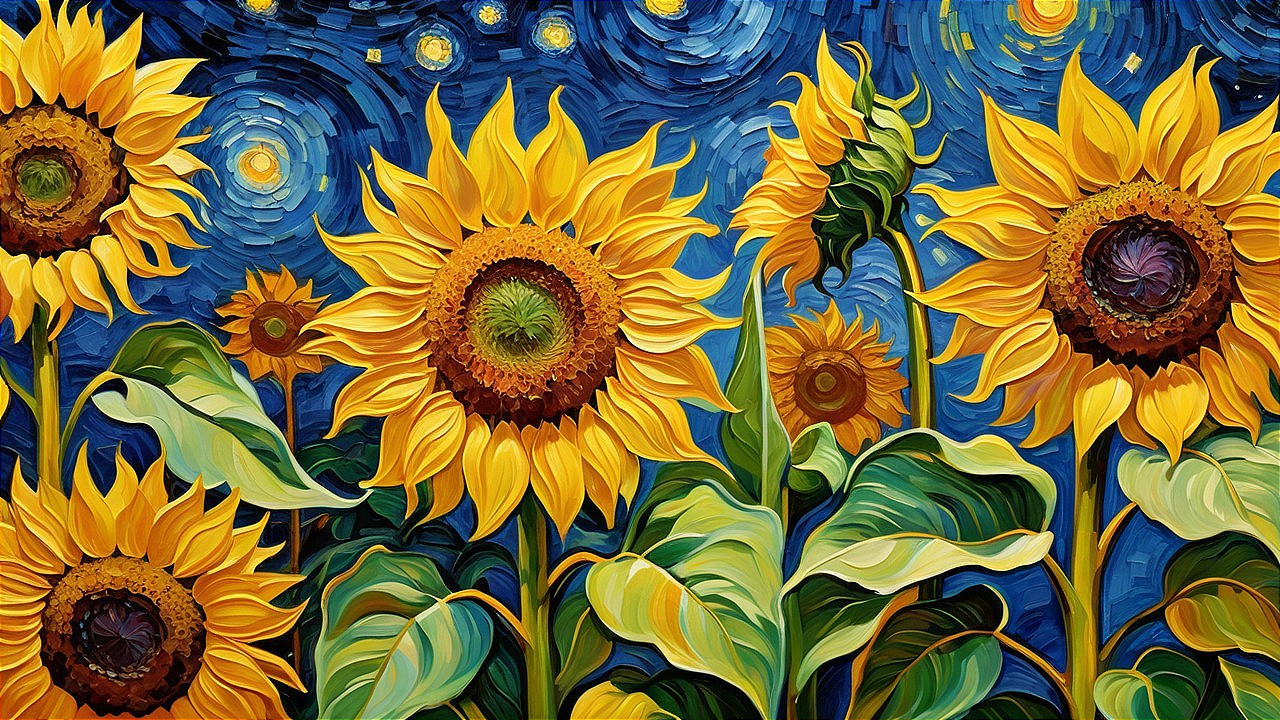 Vibrant Sunflower Field Under Starry Night Sky