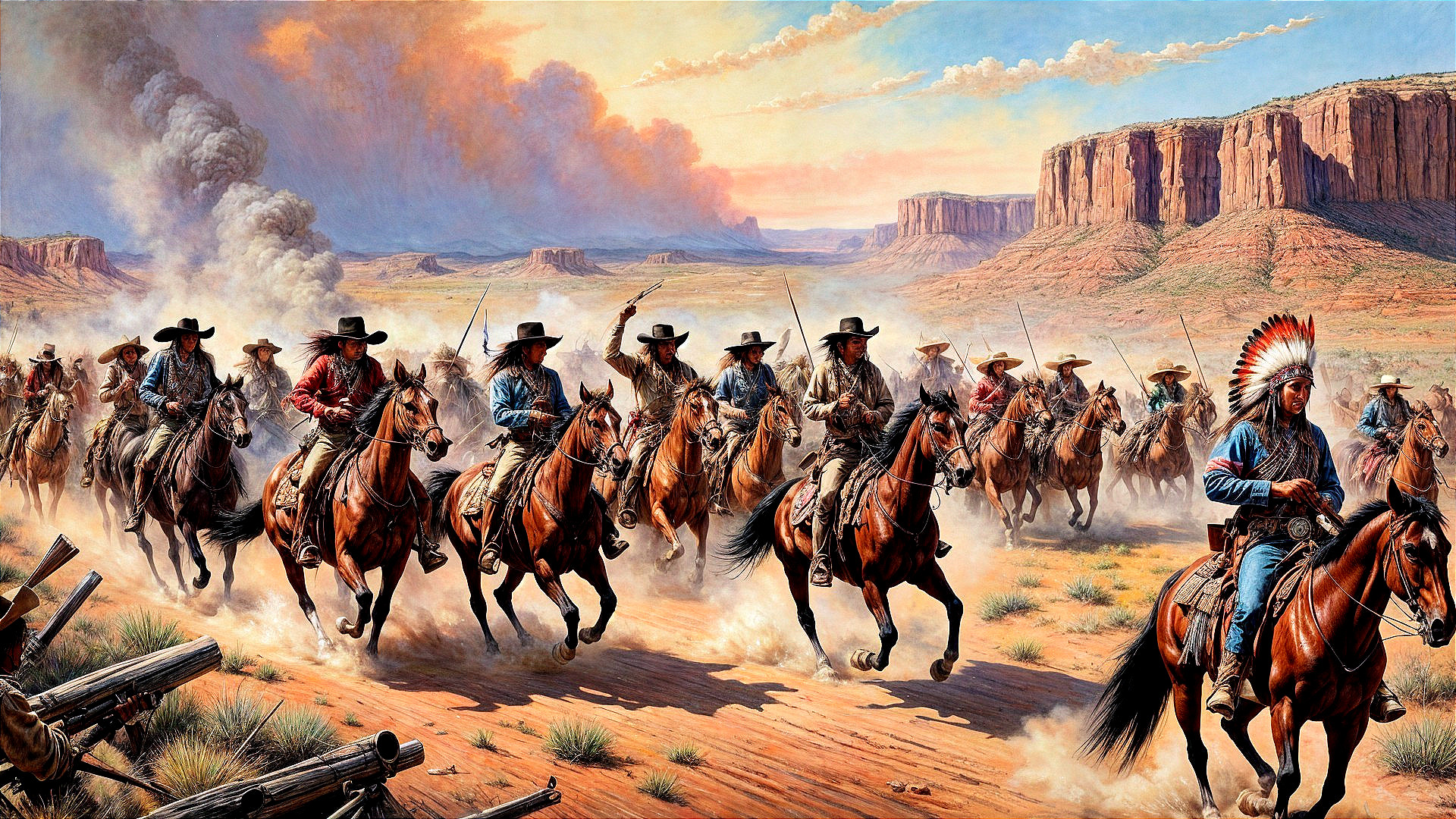 Cavalry Charge Across Desert Landscape with Cliffs