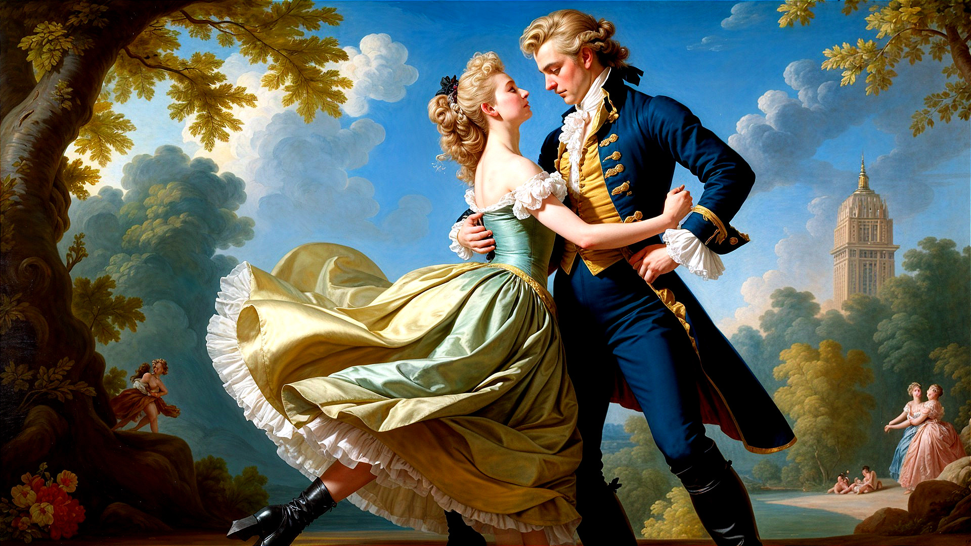 Romantic Dance Scene in Idyllic Landscape Setting