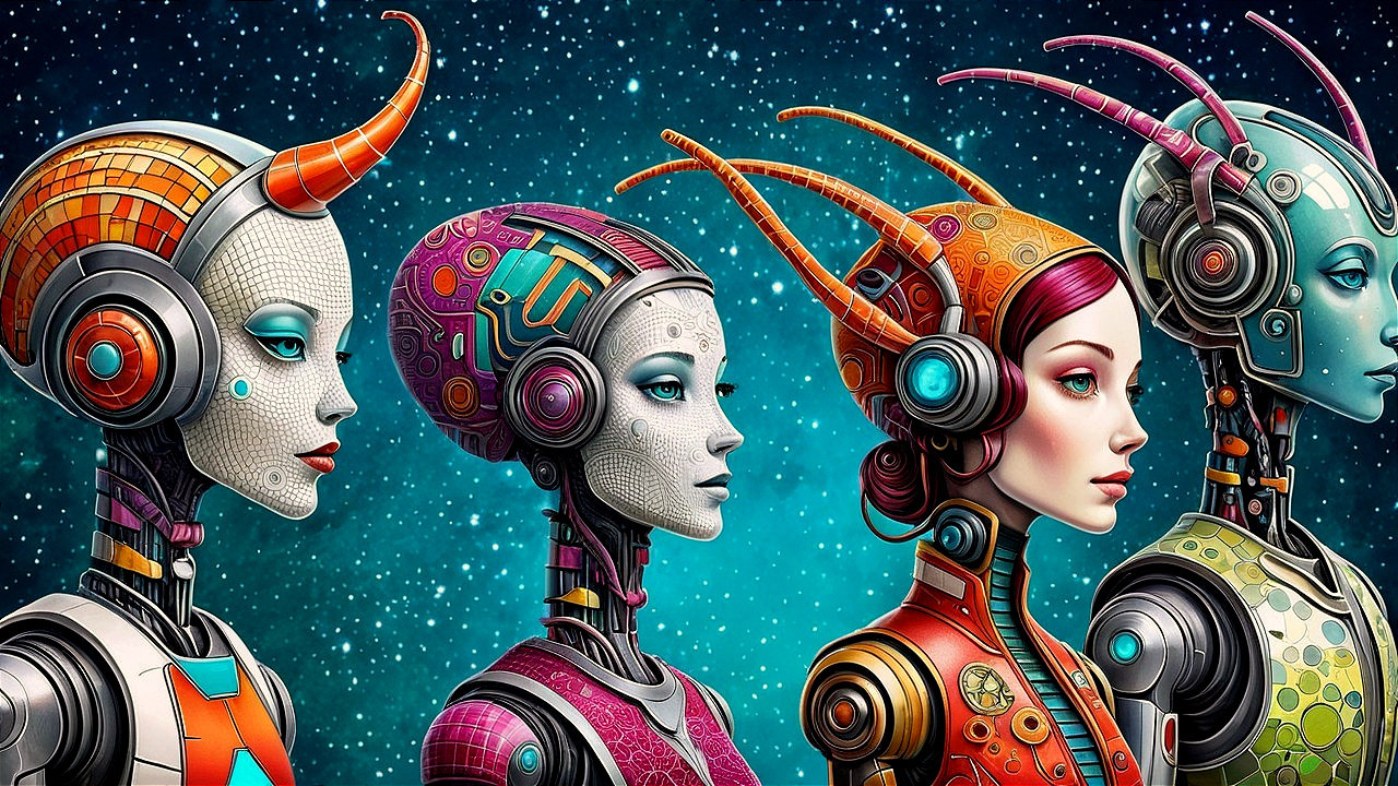 Futuristic Female Robots in Cosmic Blue Background