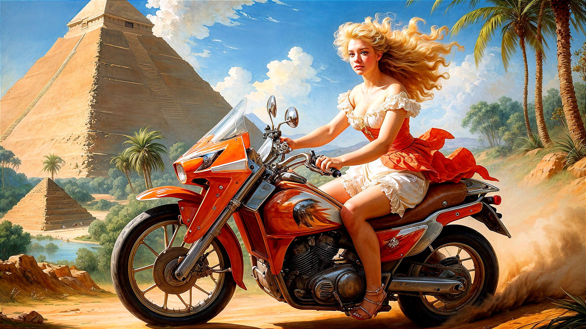 Woman on Vintage Motorcycle with Pyramids Background