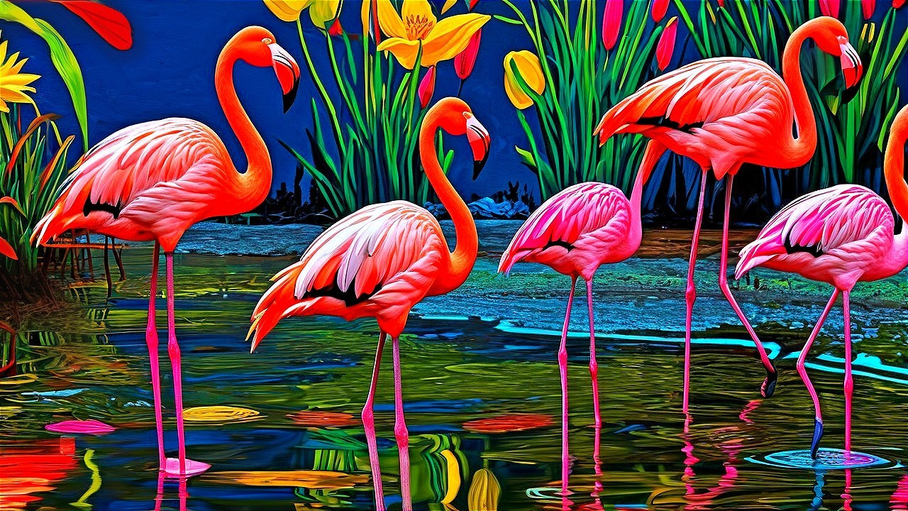 Flamingos in a Colorful Pond Surrounded by Nature
