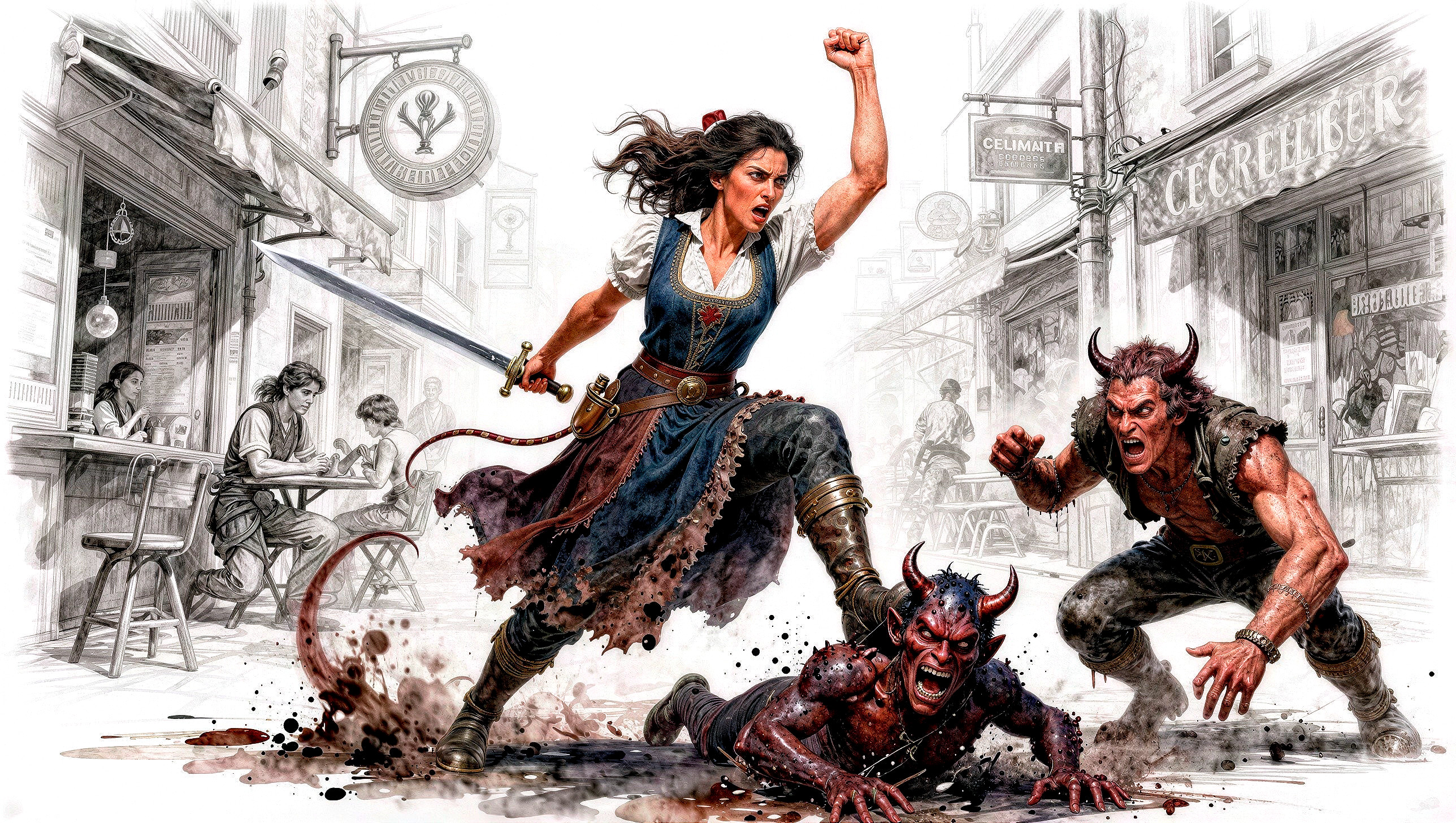 Fierce Woman Confronts Red Devil in Detailed Illustration