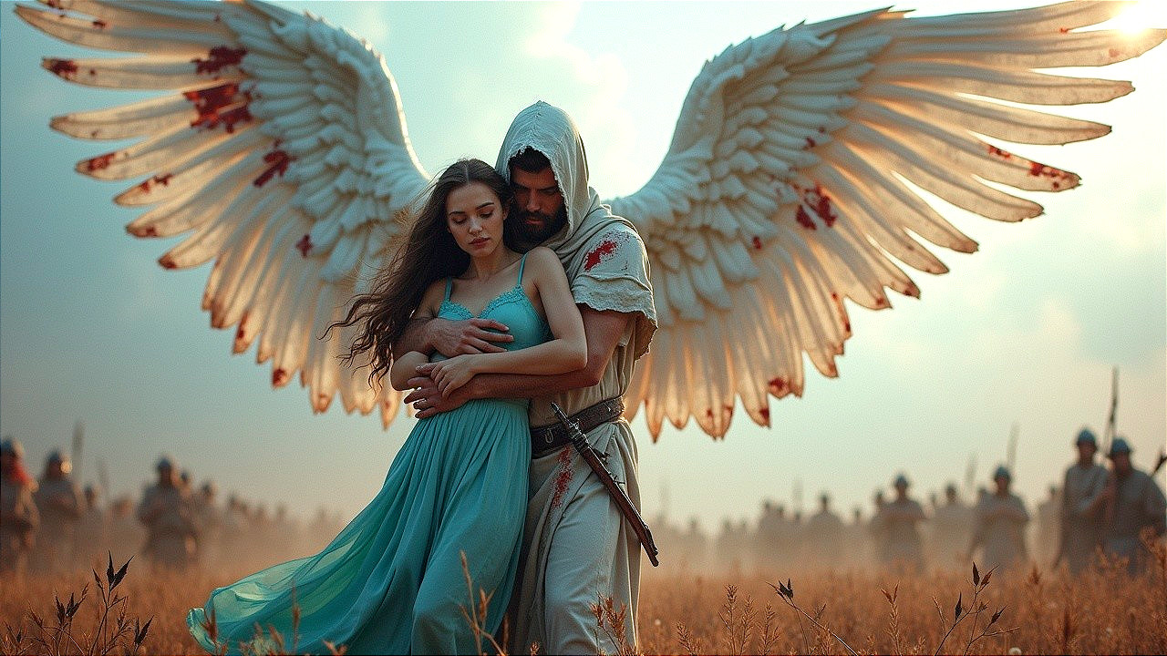 Celestial Figure and Woman in Dramatic Landscape