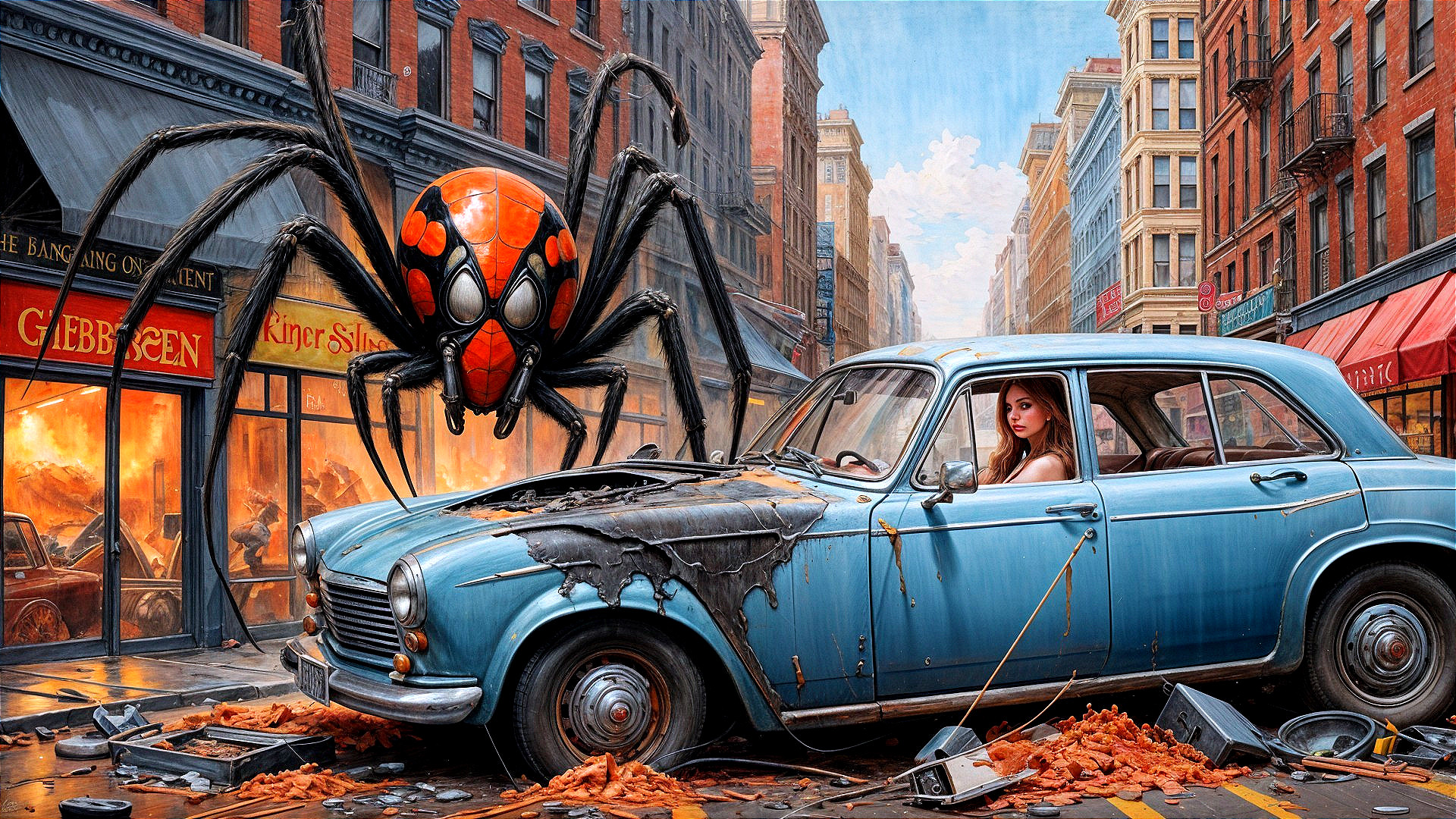 Vintage Blue Car Amid Urban Chaos and Fire