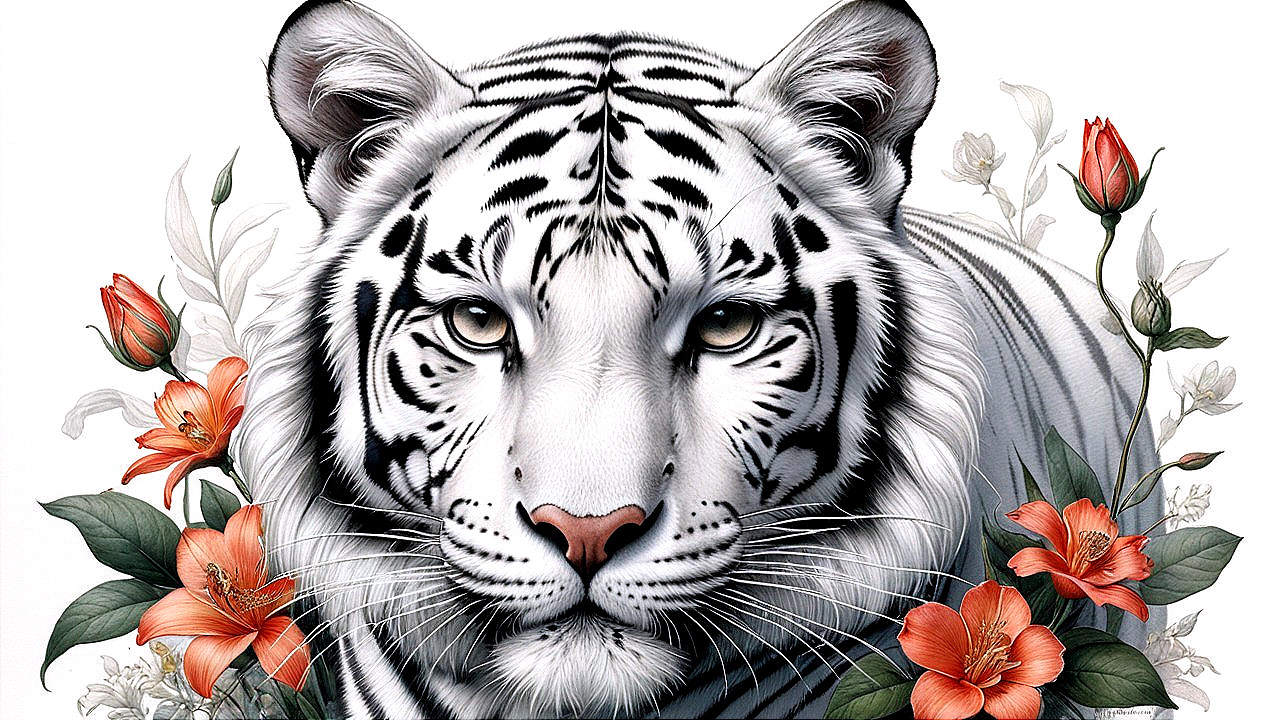 Majestic white tiger amidst vibrant flowers and blossoms