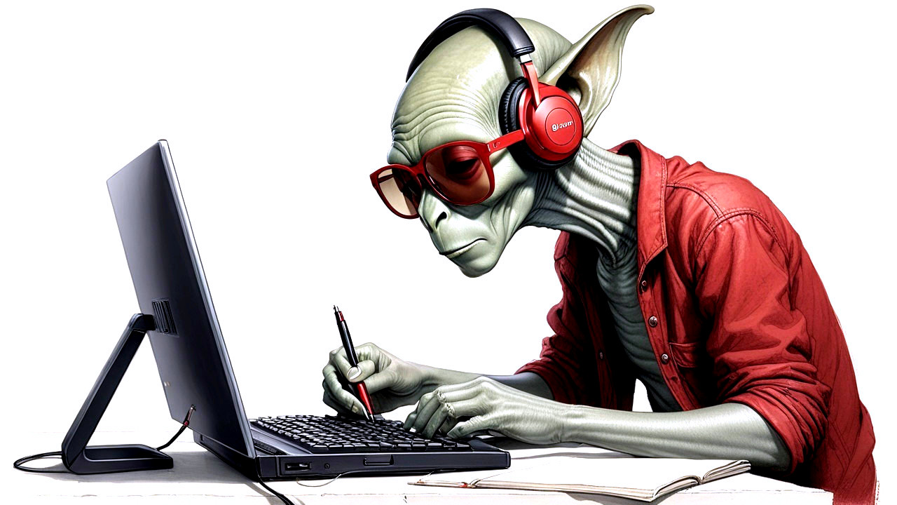 Alien with Headphones and Laptop in Futuristic Setting