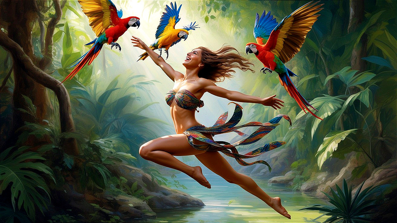 Joyful Woman in Tropical Jungle with Colorful Parrots