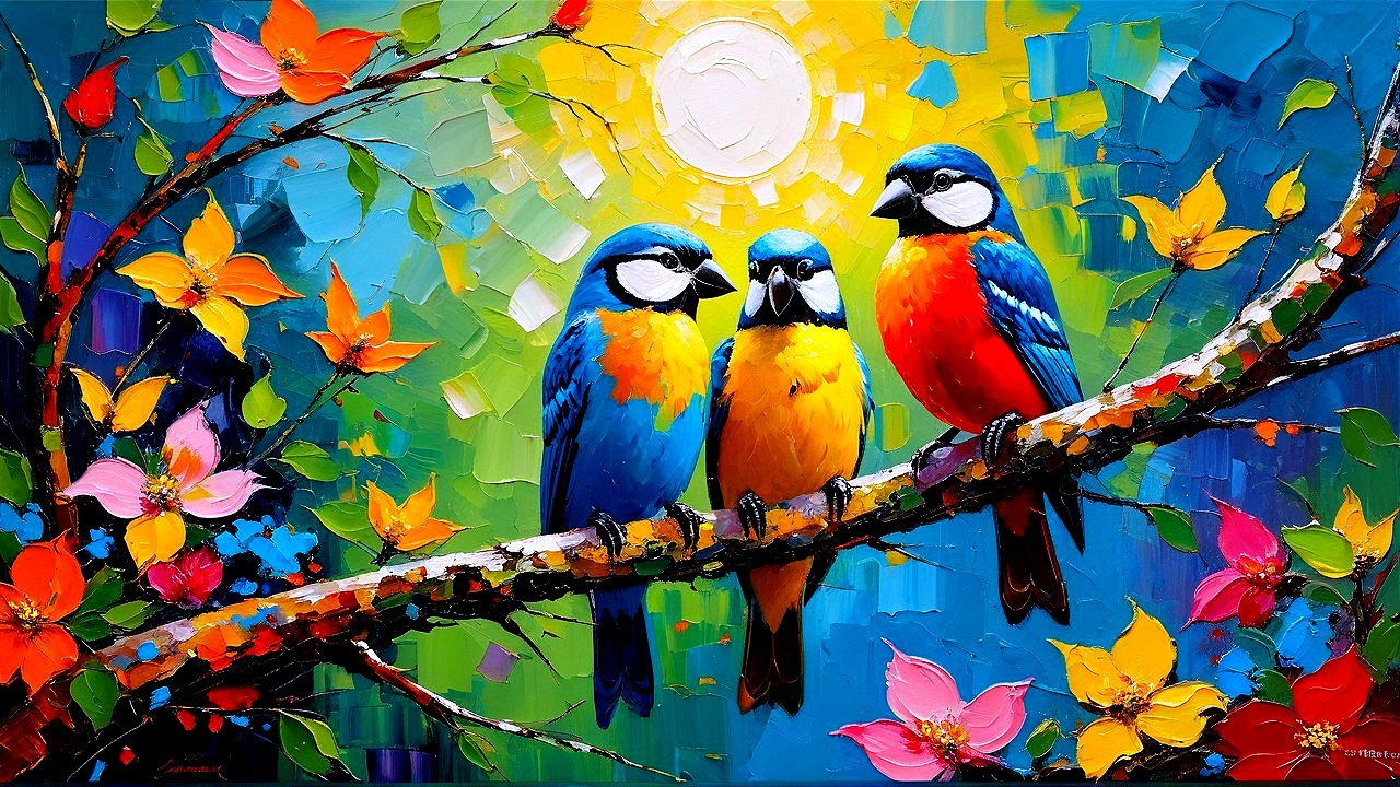 Colorful Painting of Birds and Blooming Flowers