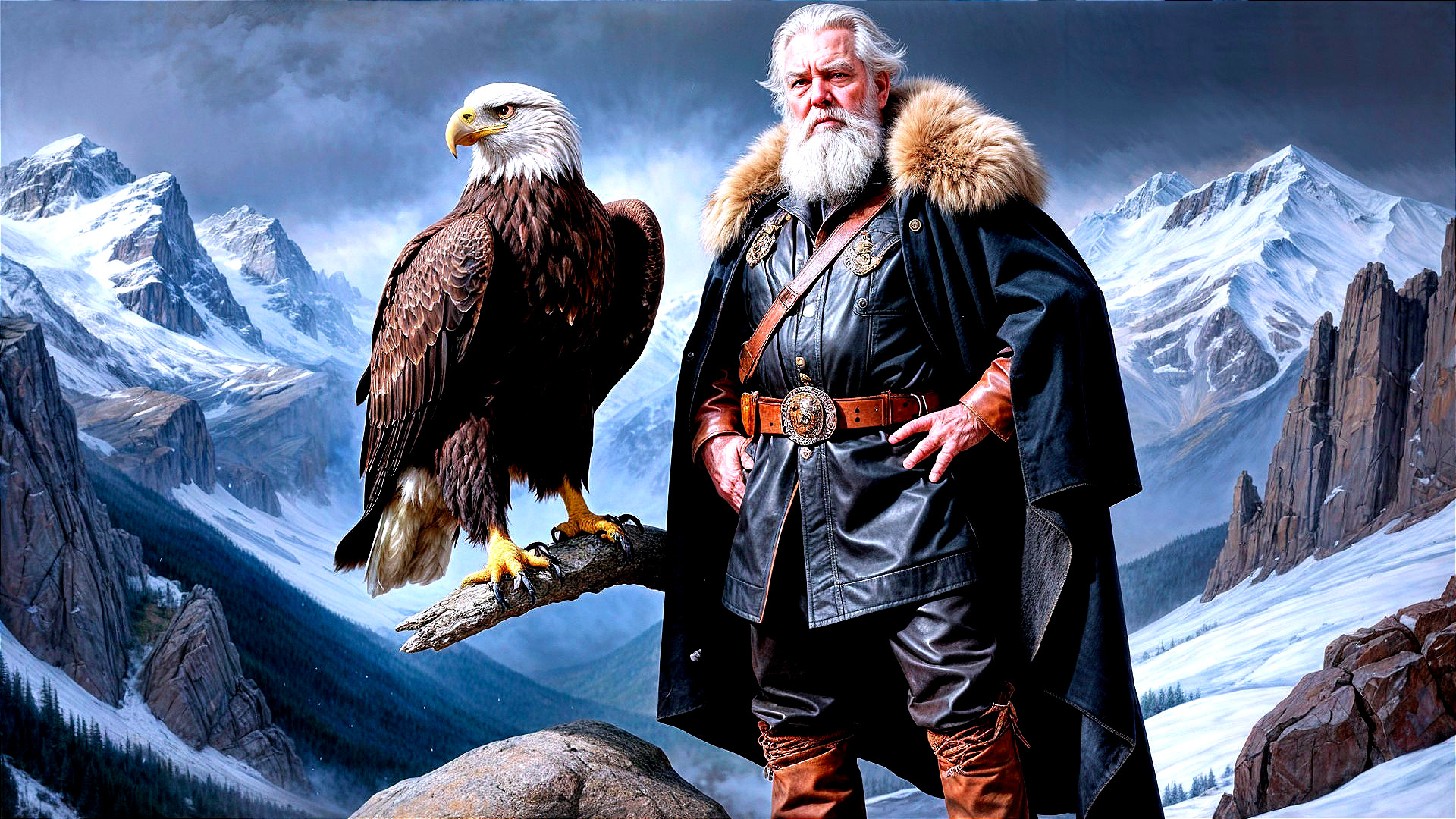 Wise Man with Eagle Against Snow-Capped Mountains
