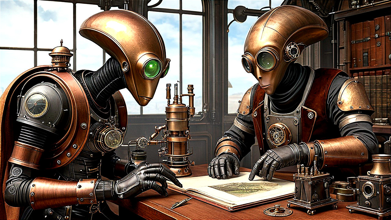 Steampunk Robots Examining Book at Wooden Table