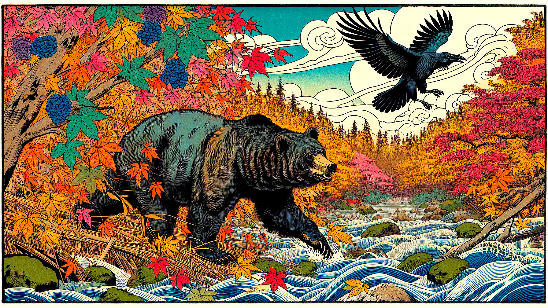 Autumn Landscape with Bear and Raven by Stream