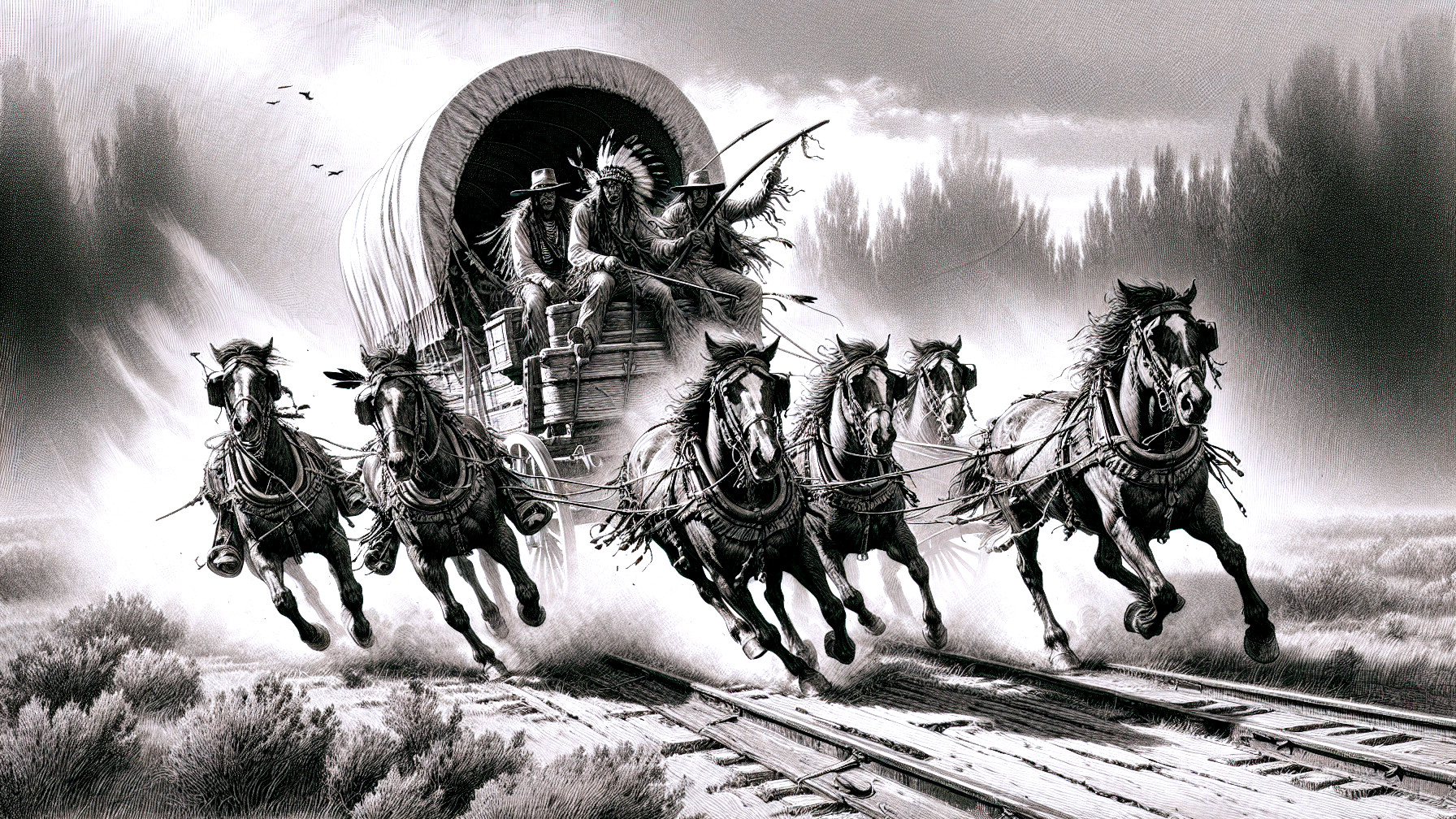 Black-and-white illustration of a covered wagon scene