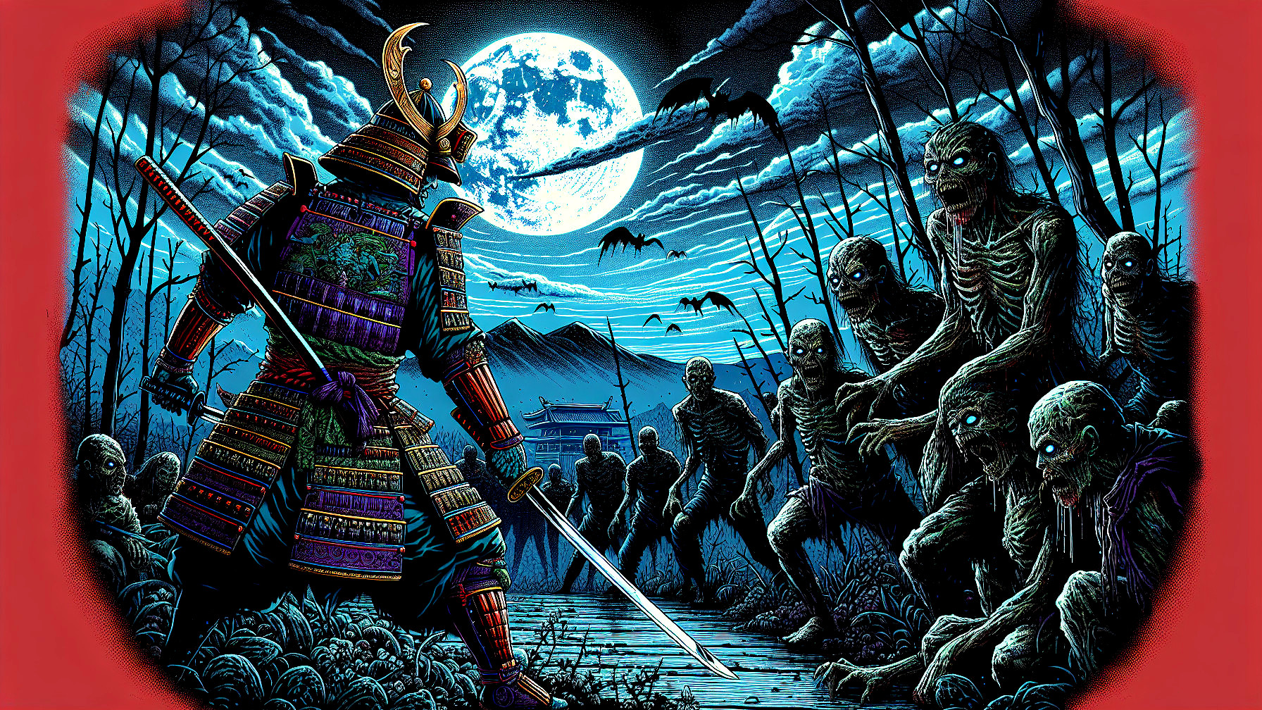Samurai in Armor Faces Skeletal Horde Under Moonlight