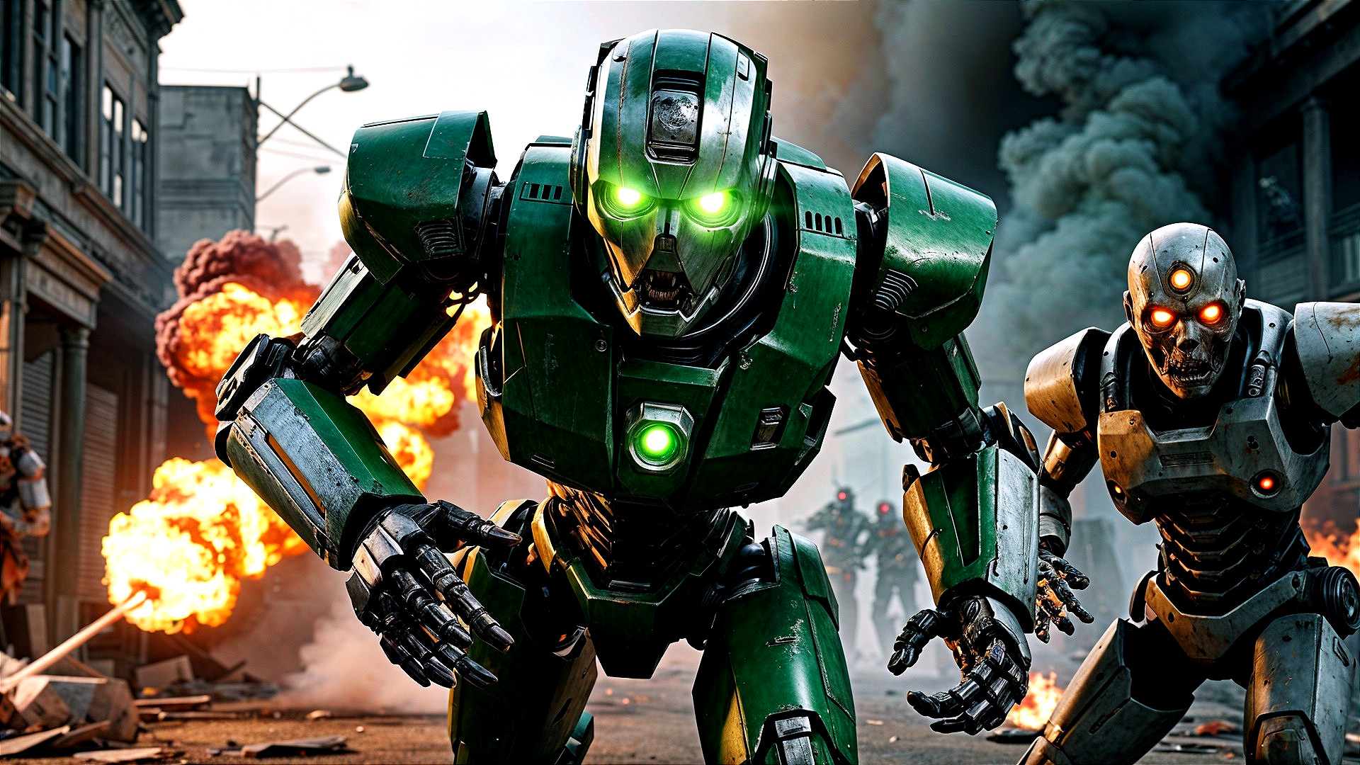 Massive Green Robot in Chaotic Urban Battlefield Scene