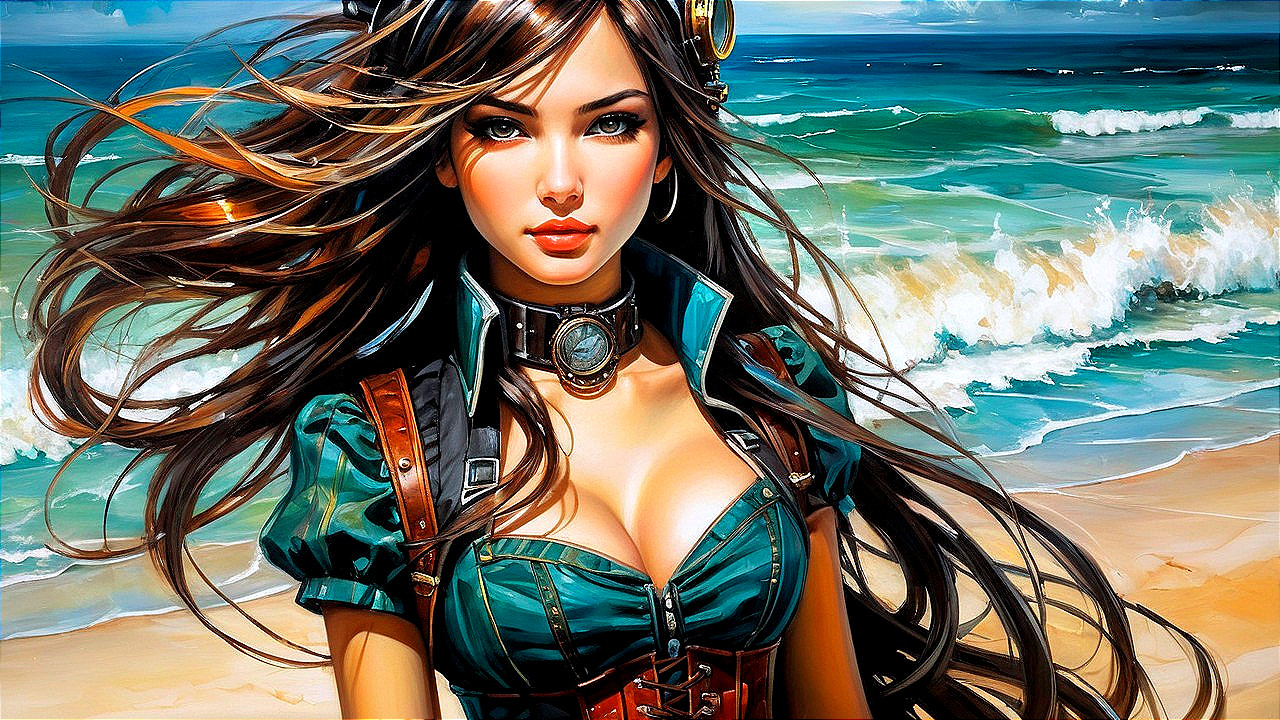 Woman in Sea-Themed Outfit at Vibrant Beach Shoreline