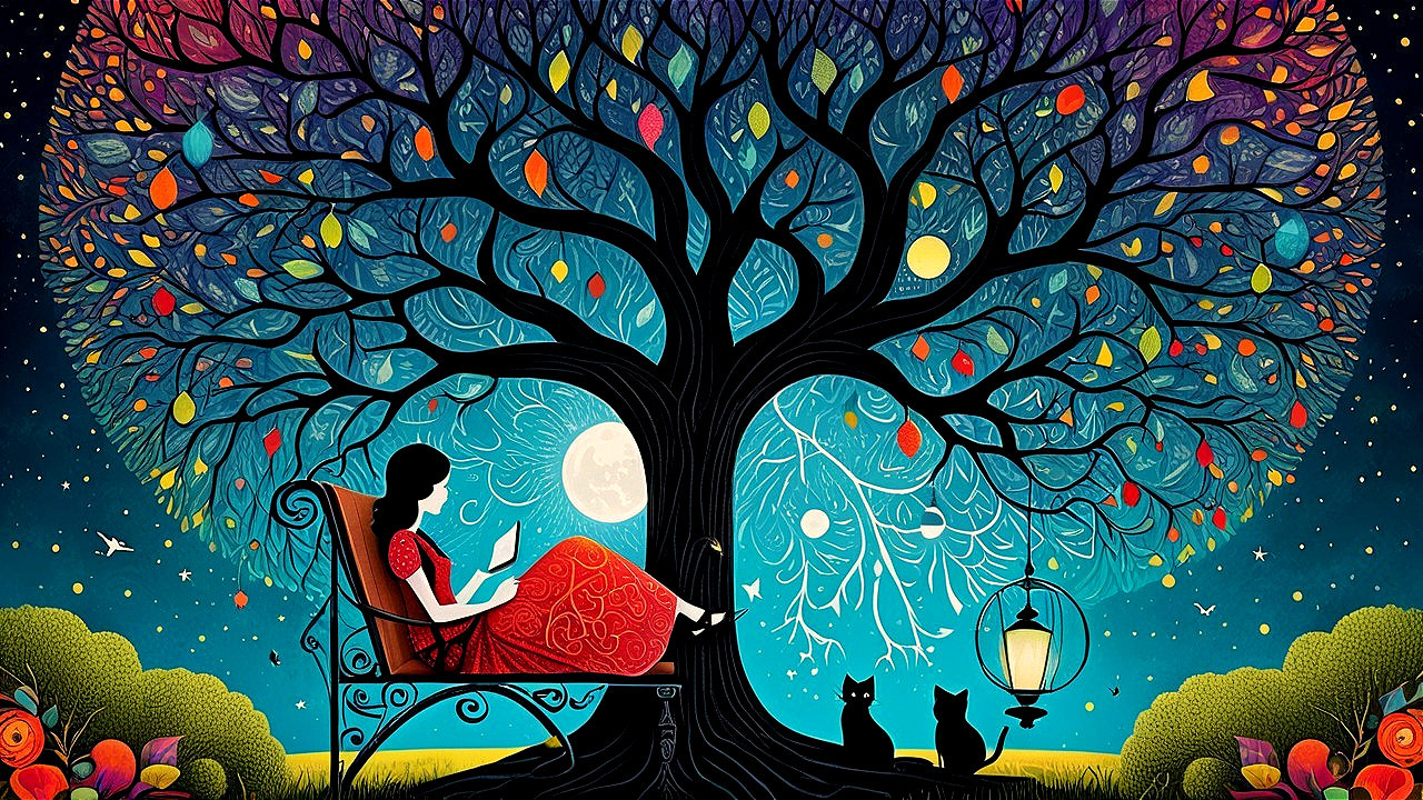 Woman in red dress reading under a vibrant tree