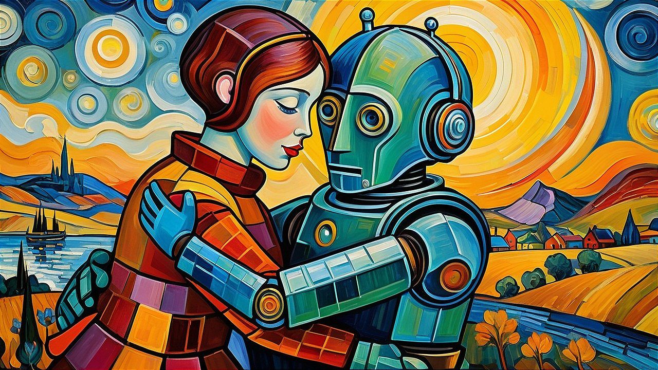Humanoid Robot and Woman Embrace in Colorful Scene