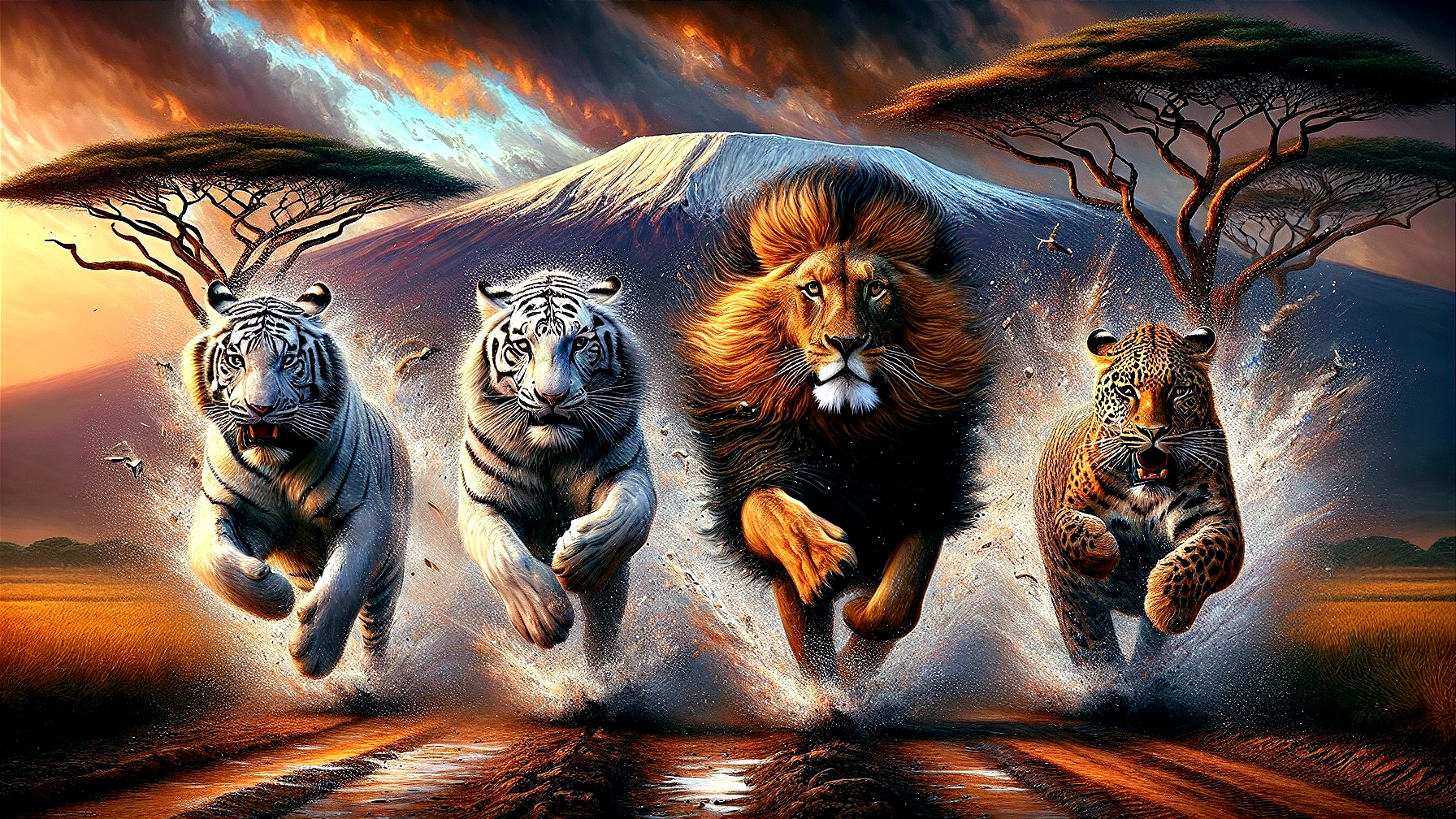 Lion, white tigers, and leopard in savannah sunset scene