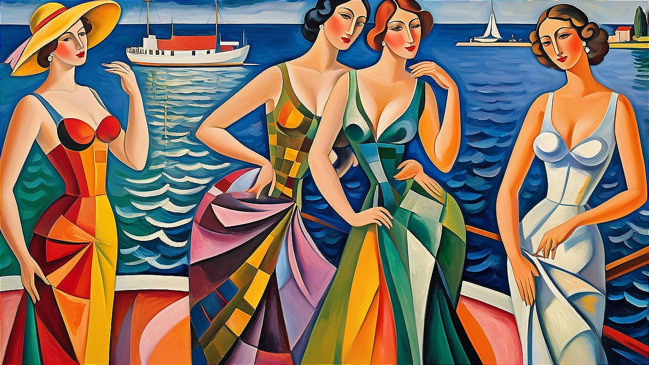 Elegant Women in Vibrant Gowns by the Waterfront