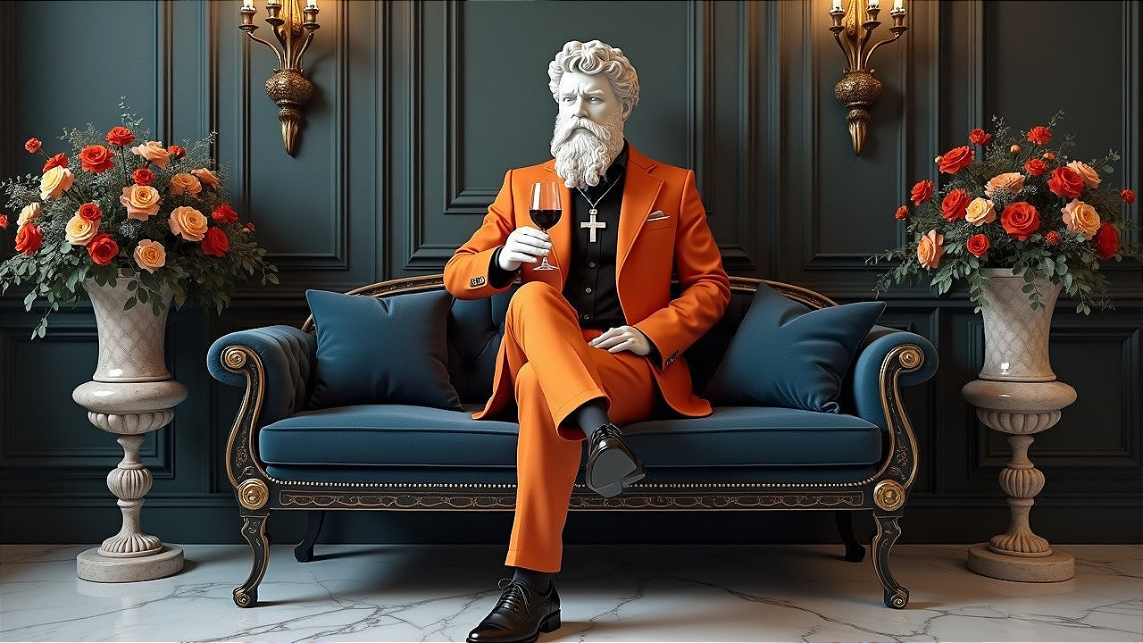 Elegant figure in orange suit on blue sofa