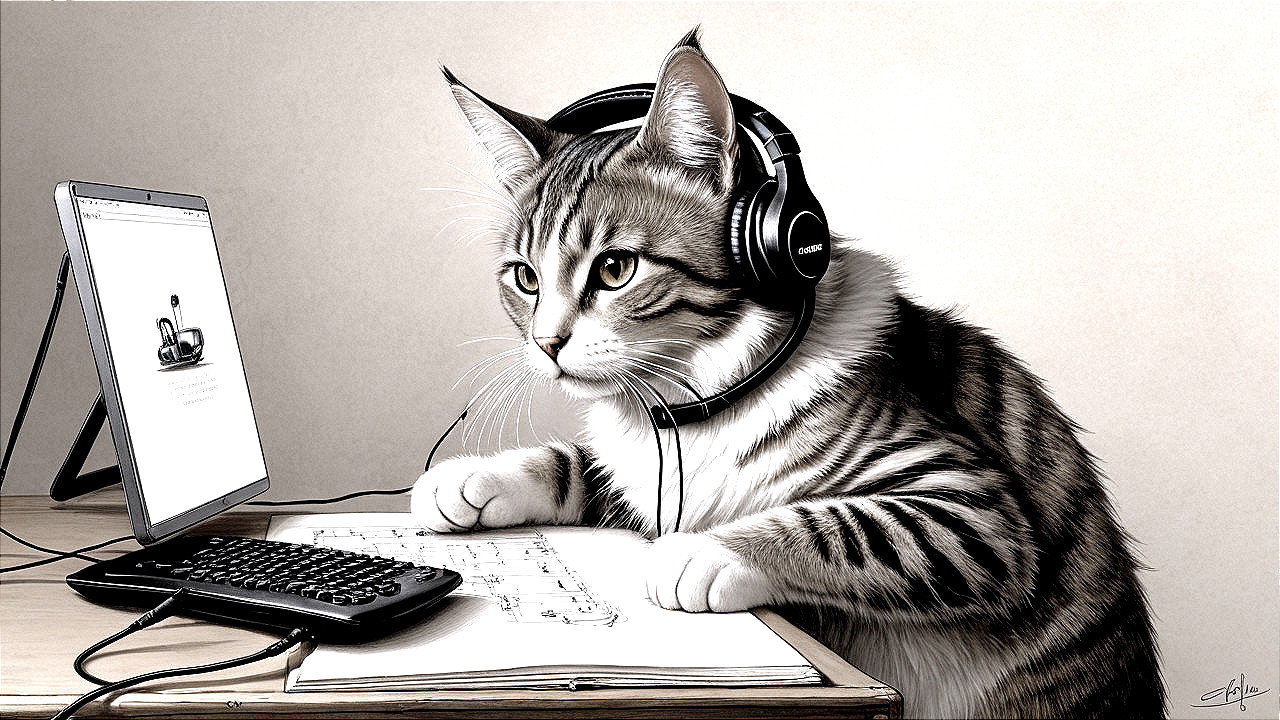 Tabby Cat at Desk with Headphones and Laptop