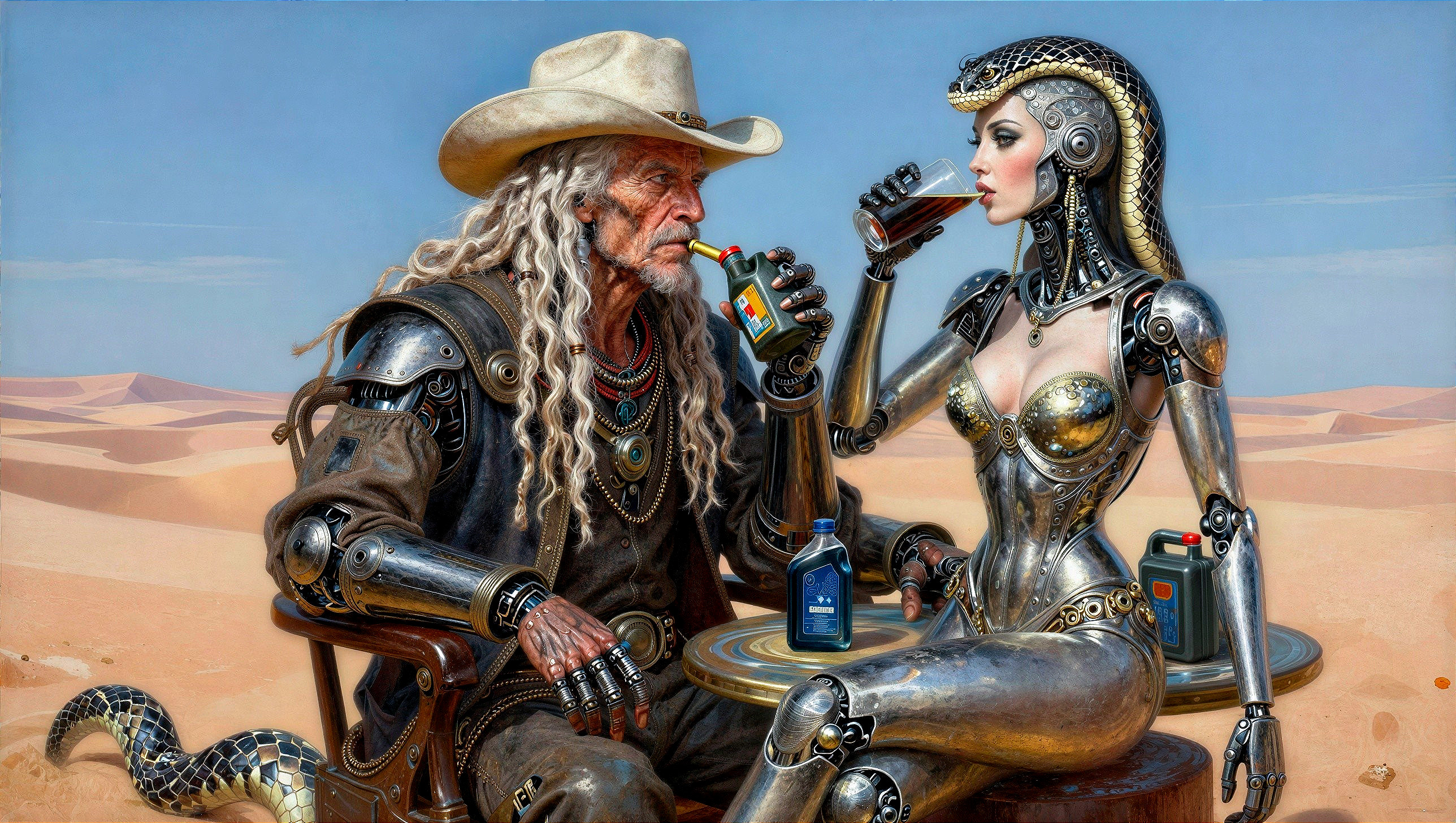 Surreal Desert Scene with Steampunk Cowboy and Cyborg