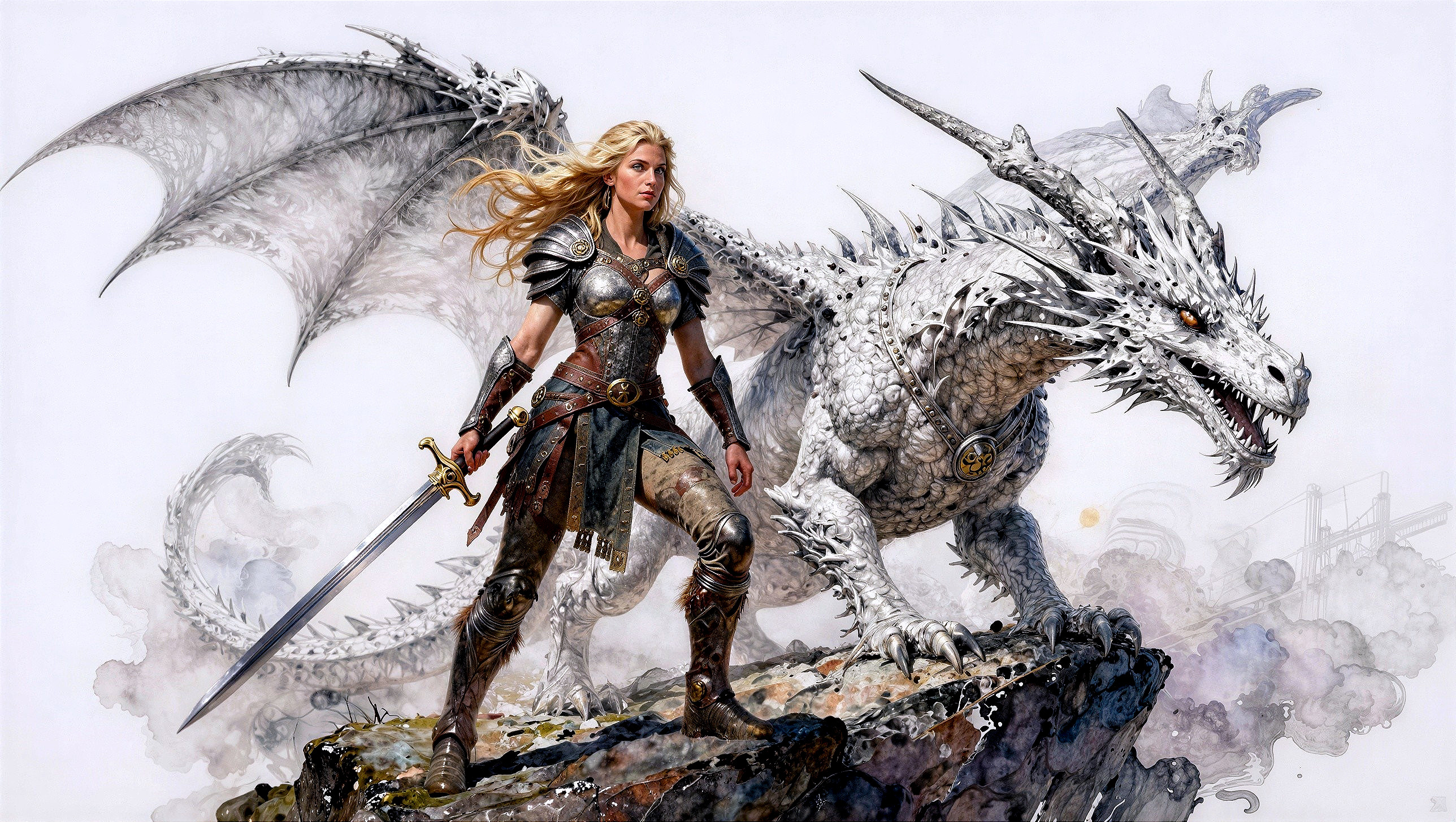 Female Warrior and White Dragon on Rocky Outcrop