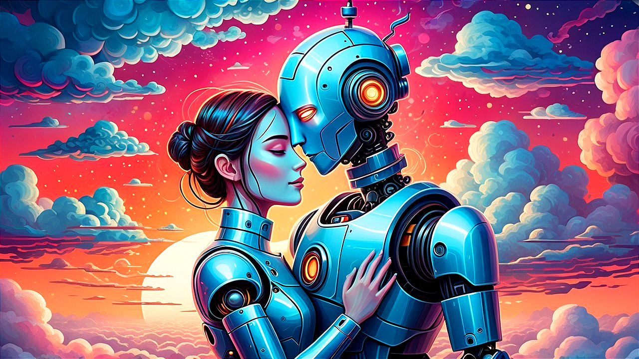 Sunset Embrace of Woman and Robot in Colorful Sky