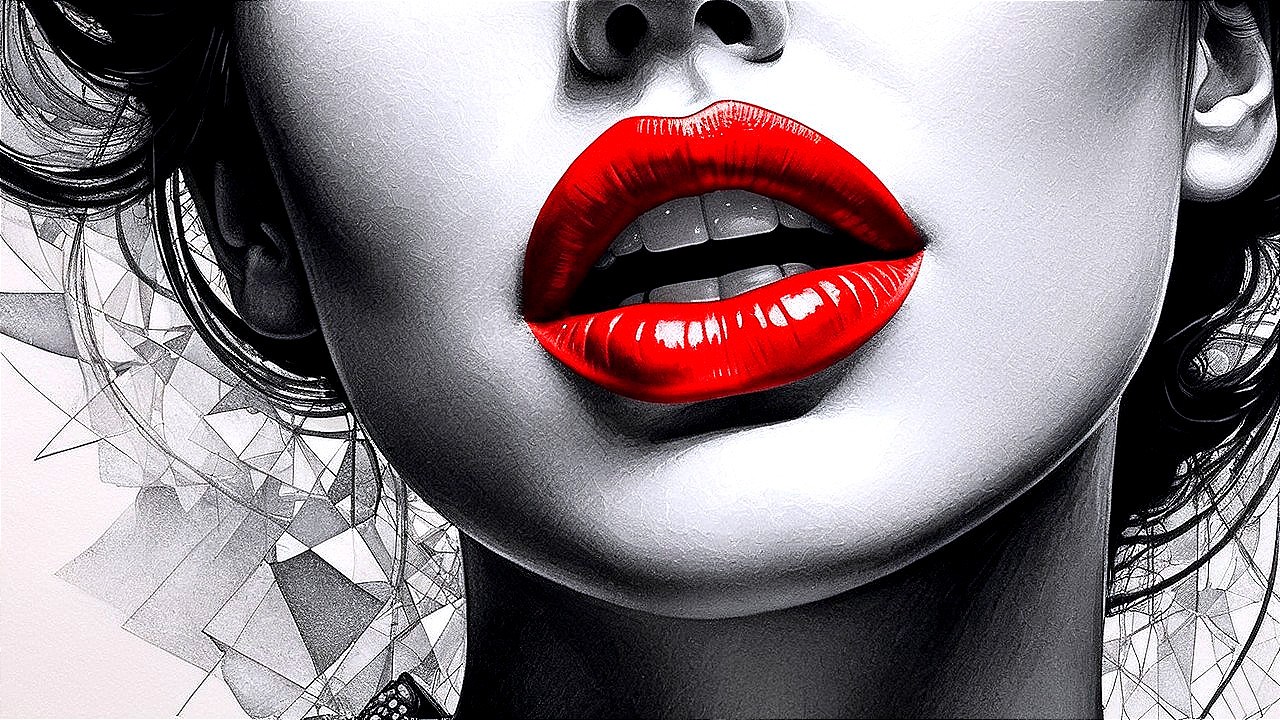 Close-up of woman's lips with red lipstick and abstract background