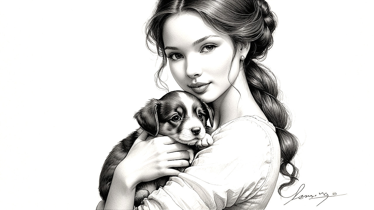 Young woman cradling puppy in black and white artwork