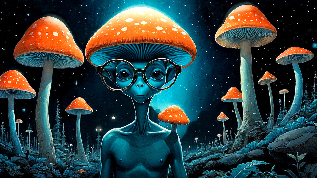 Alien in Surreal Landscape with Vibrant Mushrooms