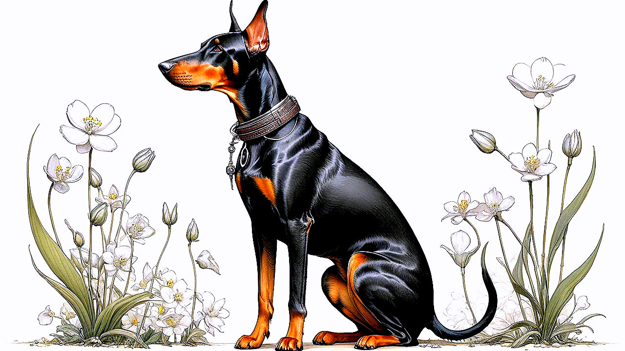 Doberman in White Flowers and Green Grasses Setting