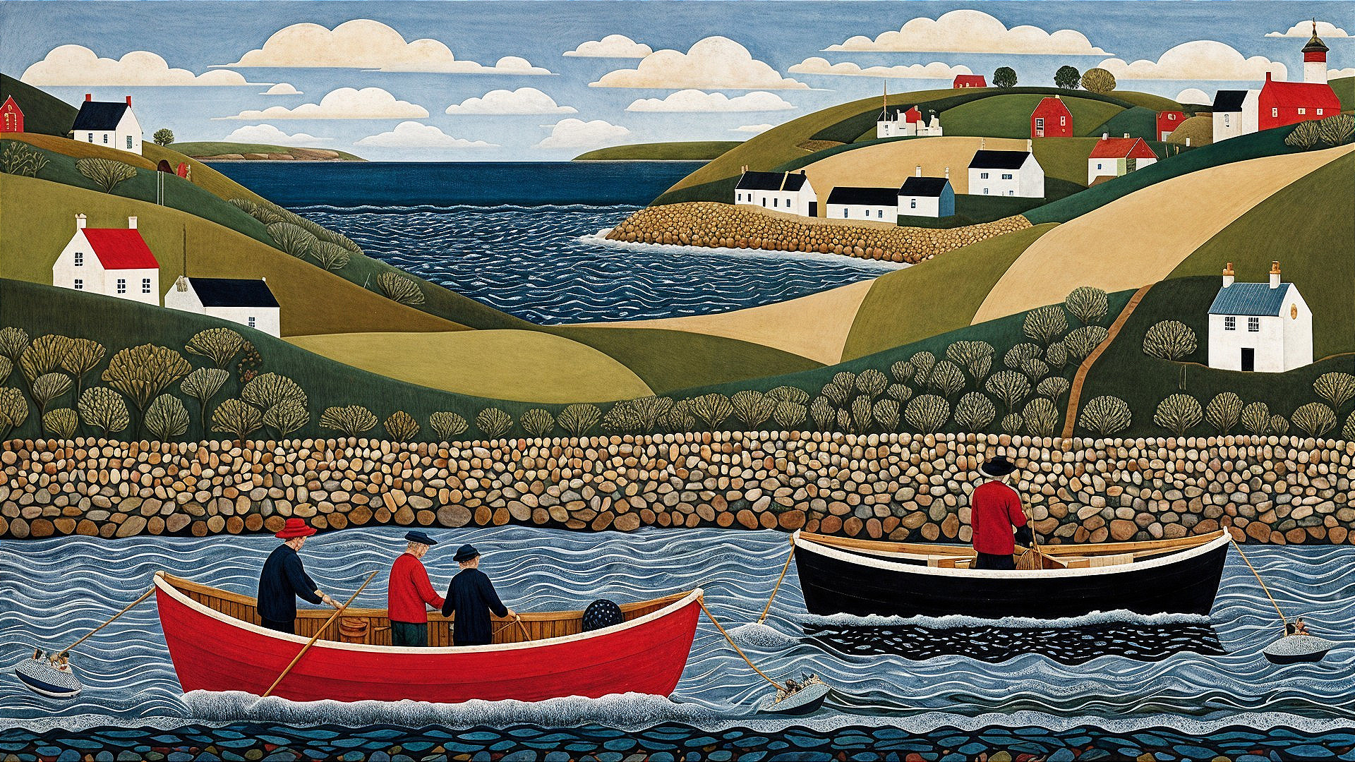 Coastal Scene with Boats and Quaint Hillside Homes