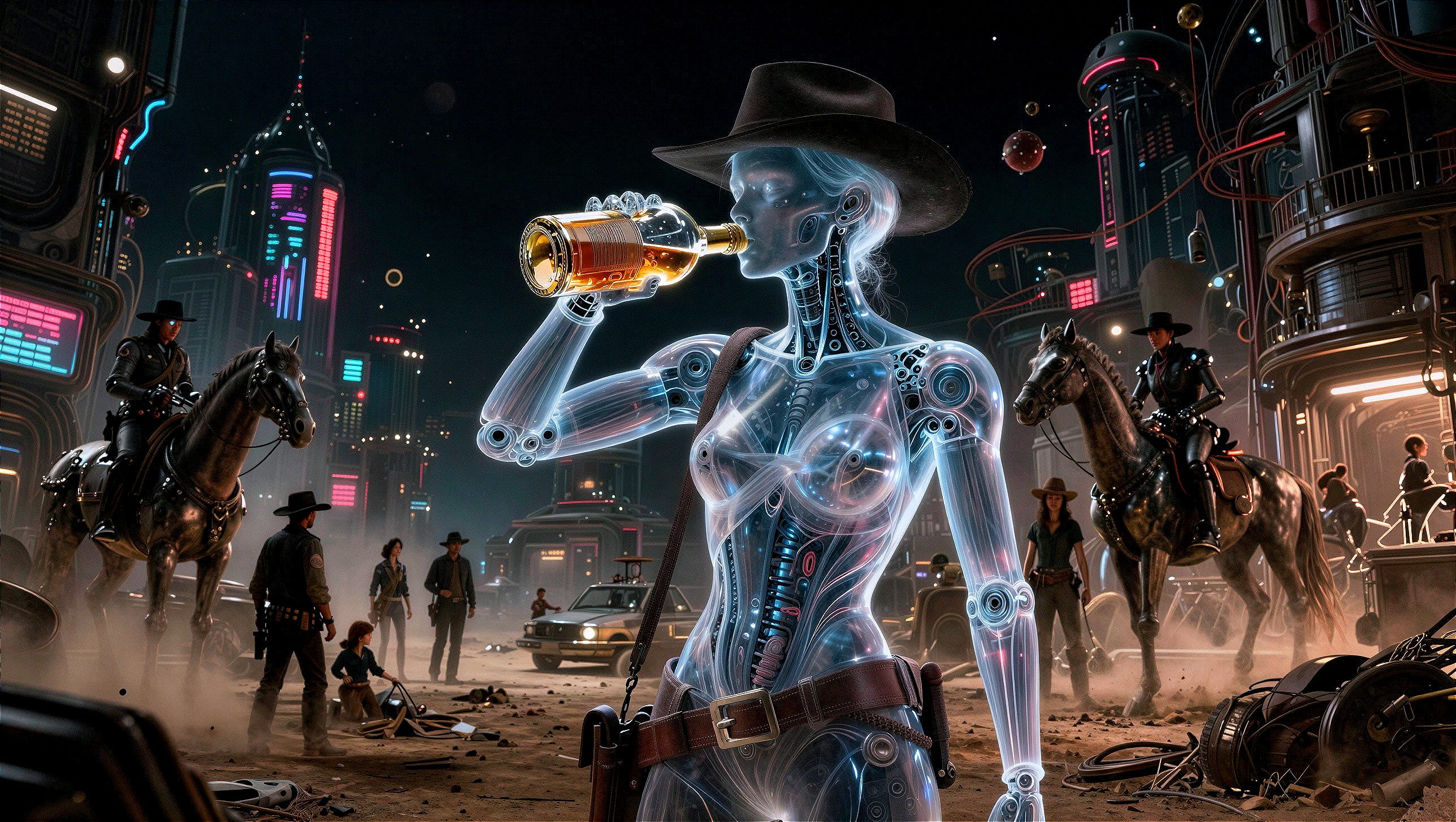 Translucent Robotic Cowgirl in Cyberpunk Cityscape