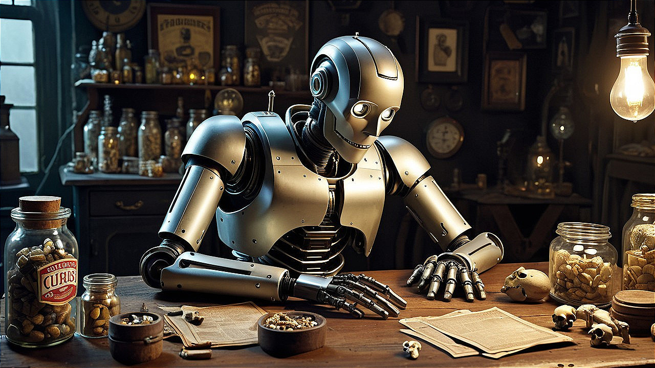 Humanoid Robot in Vintage Room with Curiosities