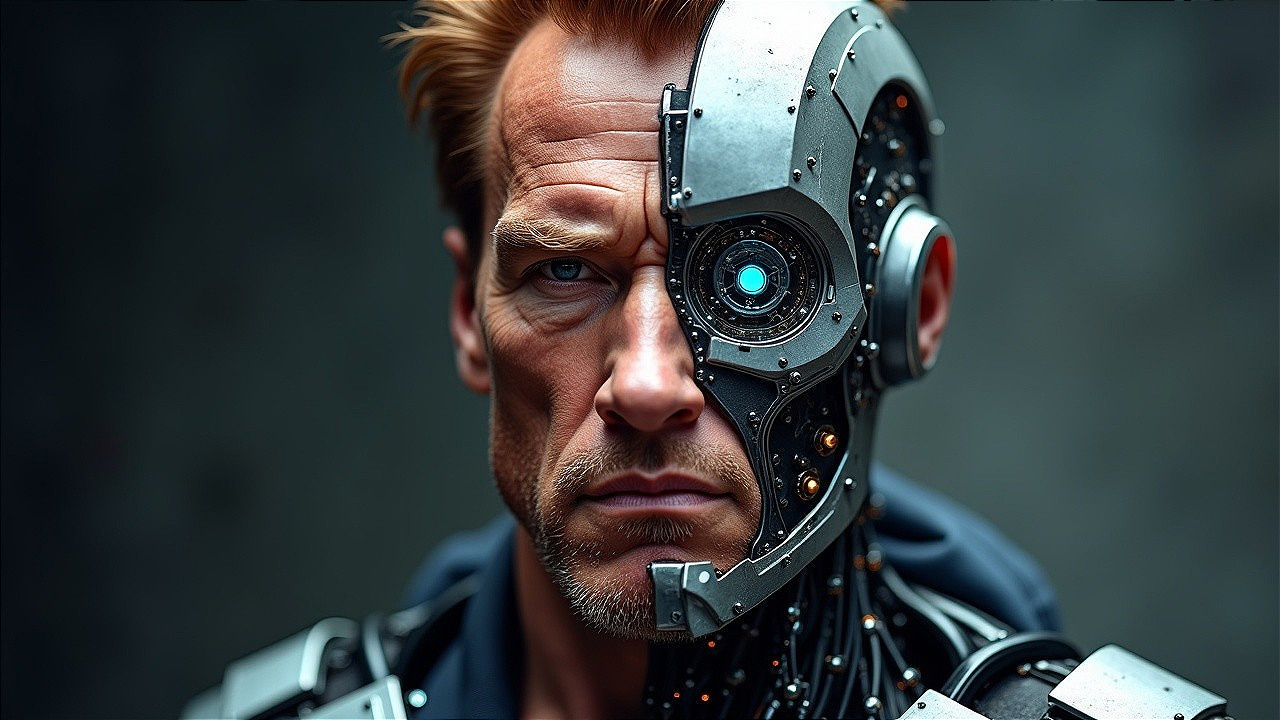 Close-up of a cyborg with human and robotic features
