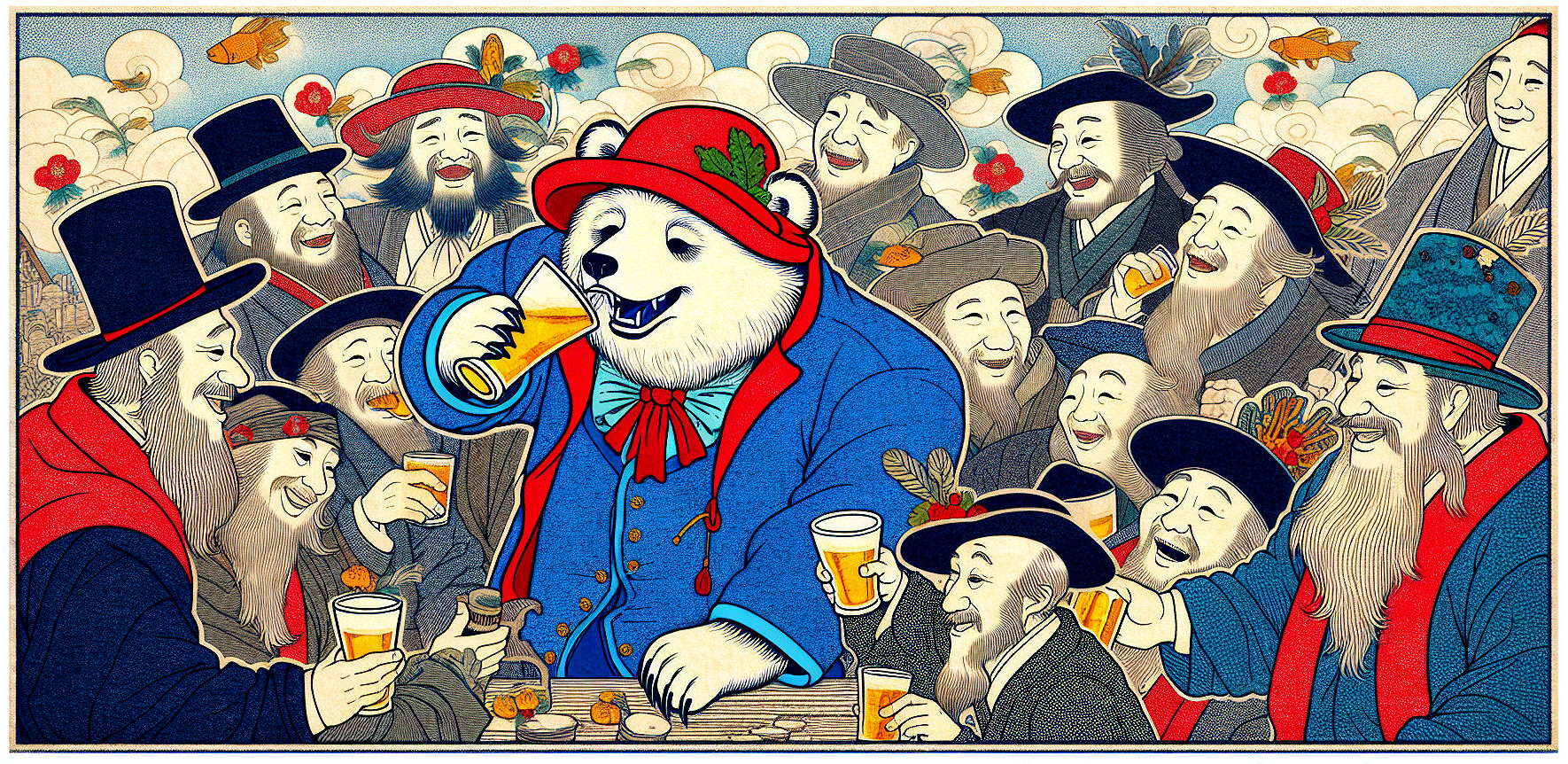 Whimsical Panda Celebrating with Bearded Men at Table
