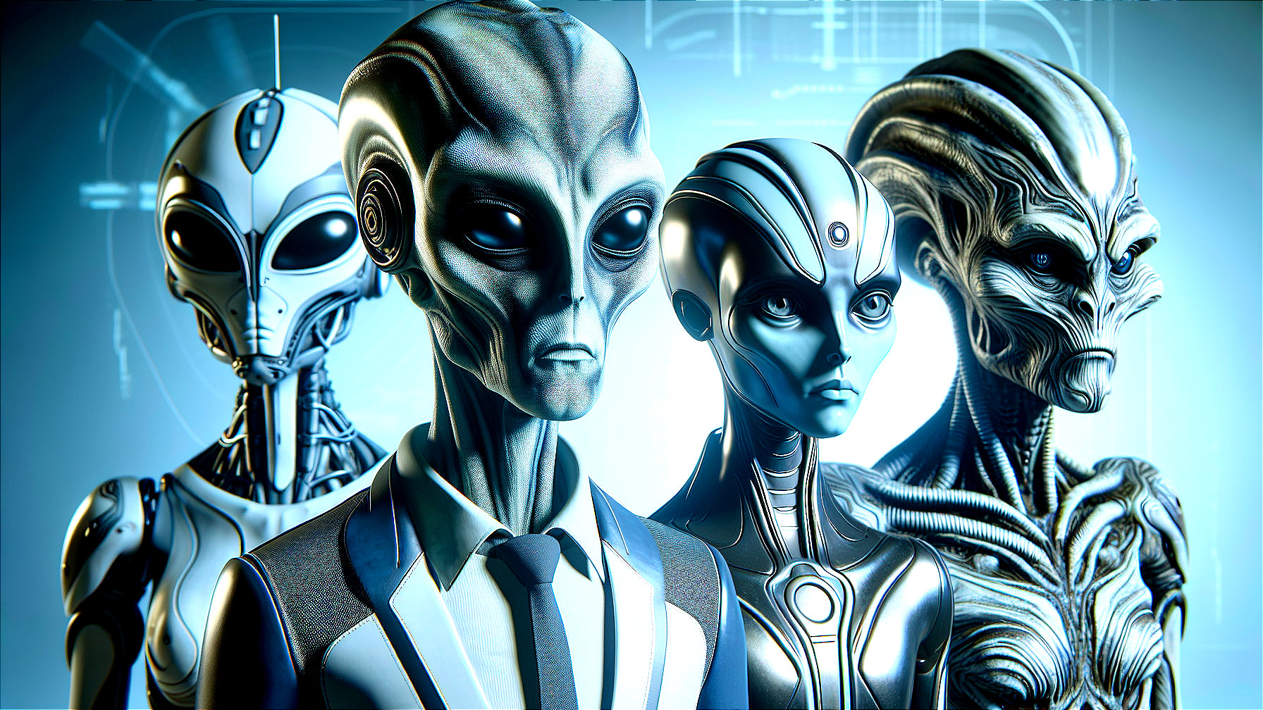 Stylized Alien Figures with Futuristic Elements