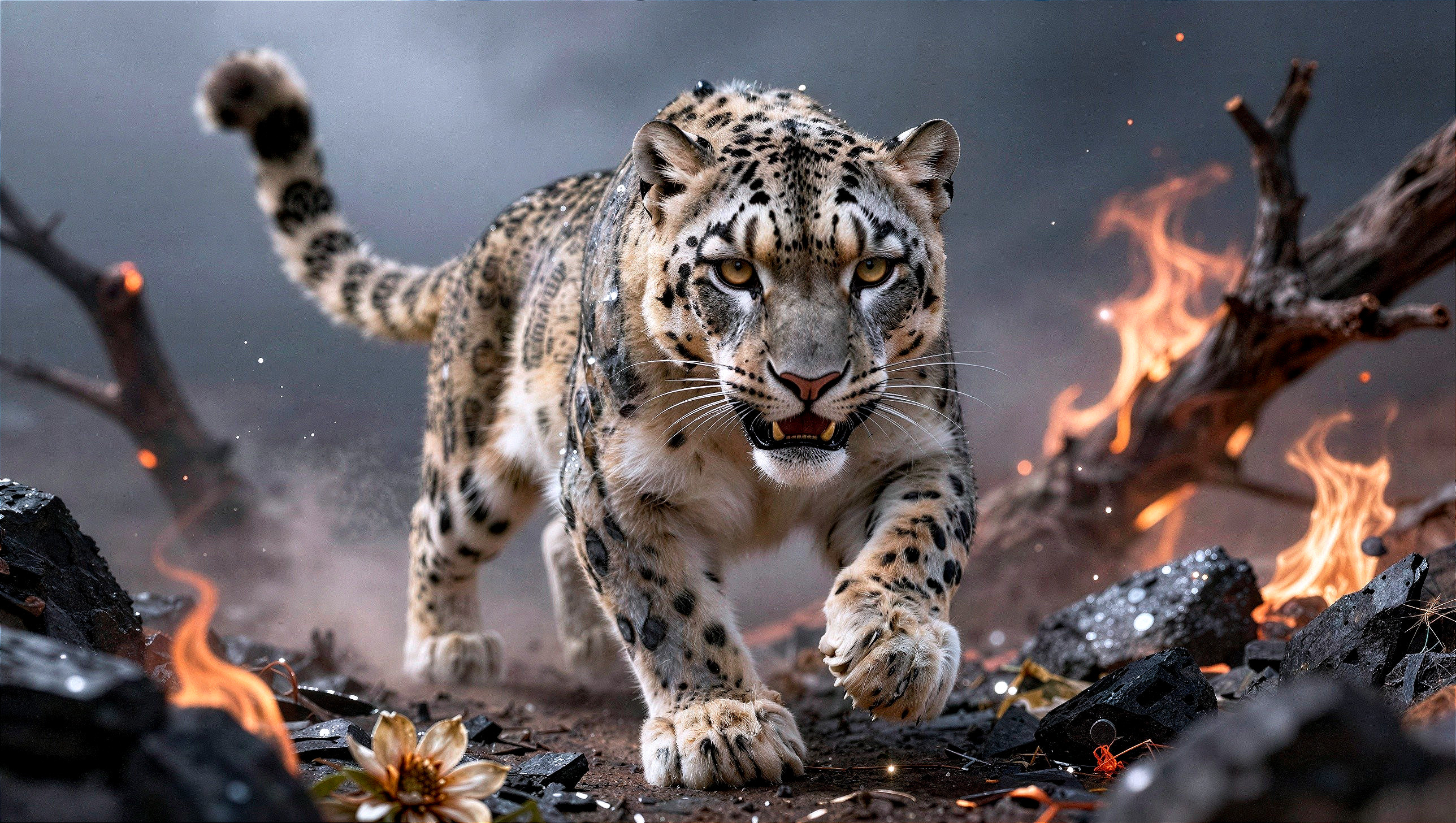 Snow leopard in dynamic pose in desolate landscape