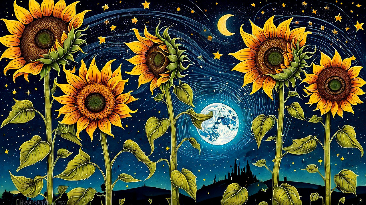 Vibrant Night Scene with Sunflowers and Moonlit Castle