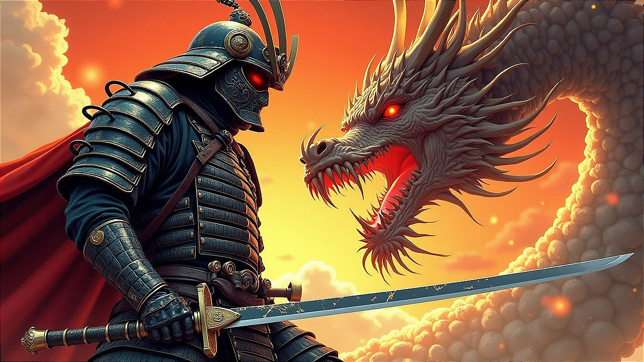 Samurai in Armor Faces Dragon Under Vibrant Sky