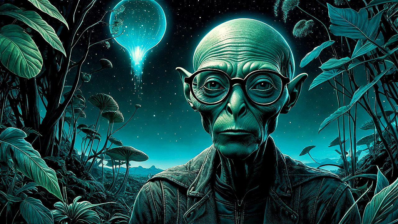 Surreal Alien Figure in Luminous Vegetation Scene