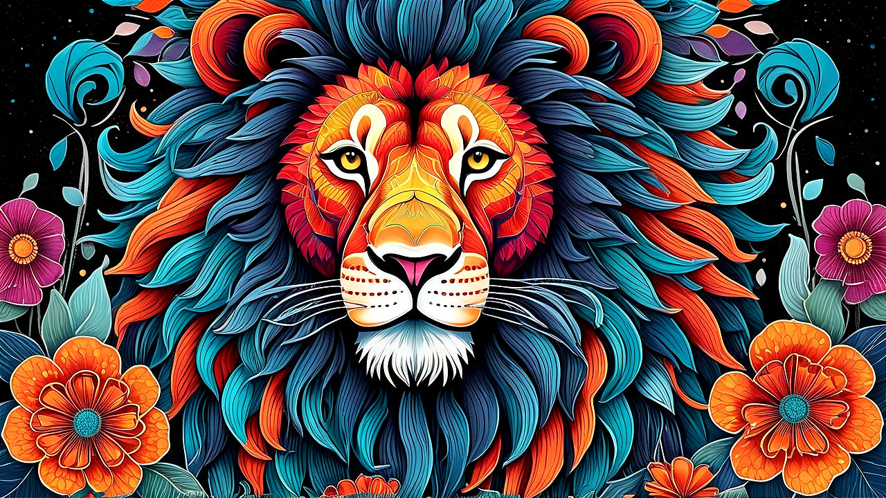 Vibrant Illustration of a Lion's Face with Flowers