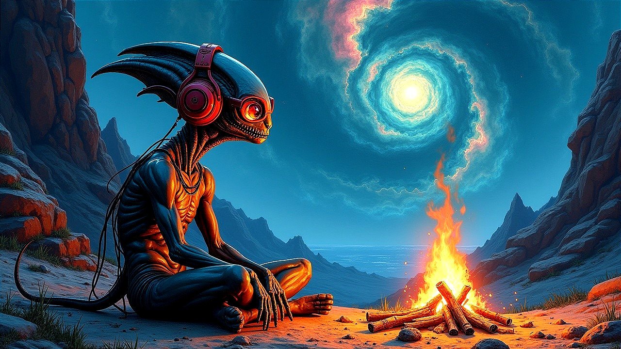 Futuristic alien figure by glowing campfire at night