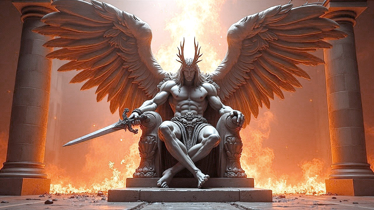 Muscular Figure on Ornate Throne with Wings and Flames