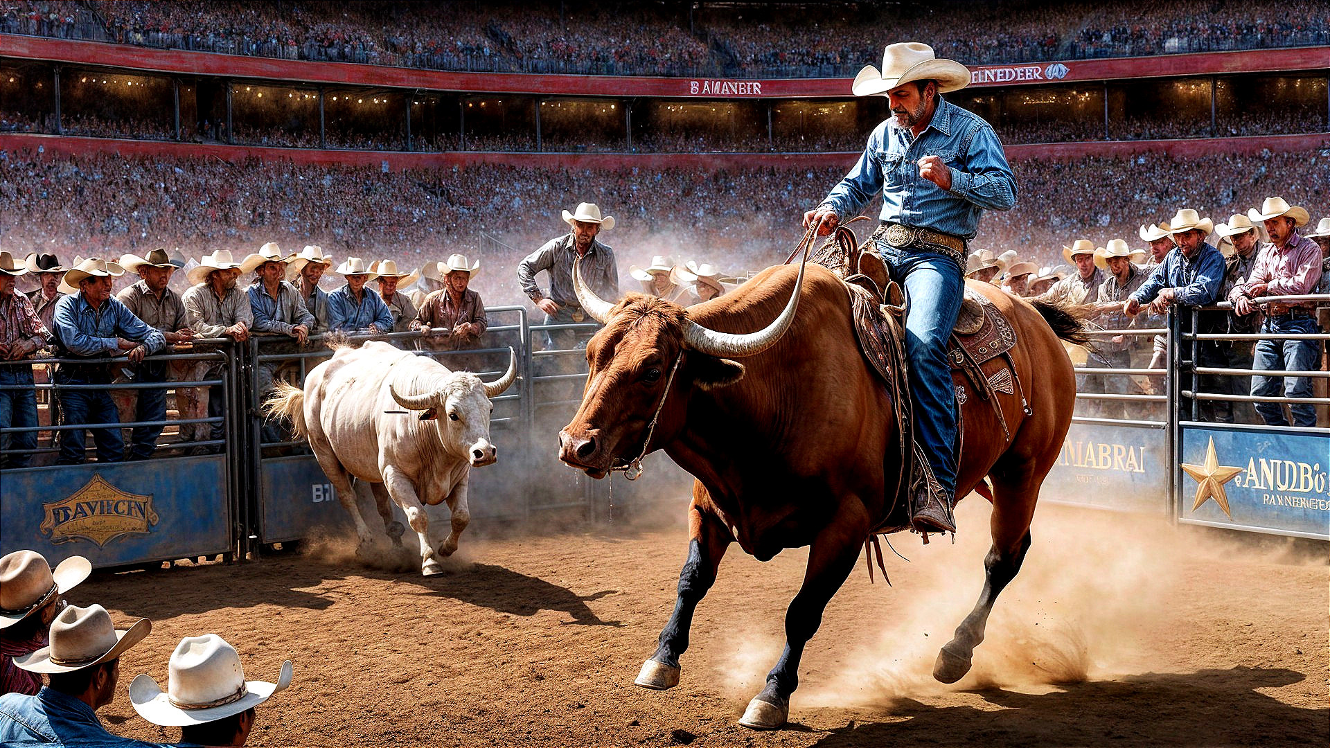 Rodeo Cowboy Riding Bucking Bull in Arena
